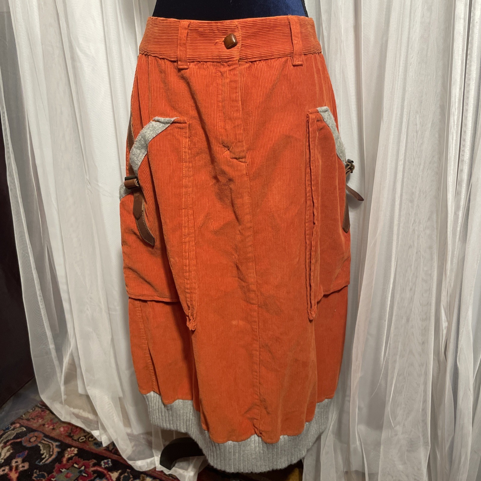 Luis Trenker Corduroy Utility Skirt Orange Leather Detail Pockets Sweater Hem