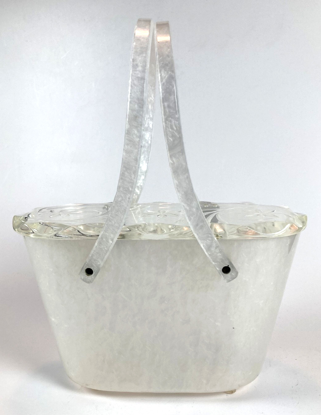 1950s White Marbled Lucite Double Handled Purse with Clear Carved Lid