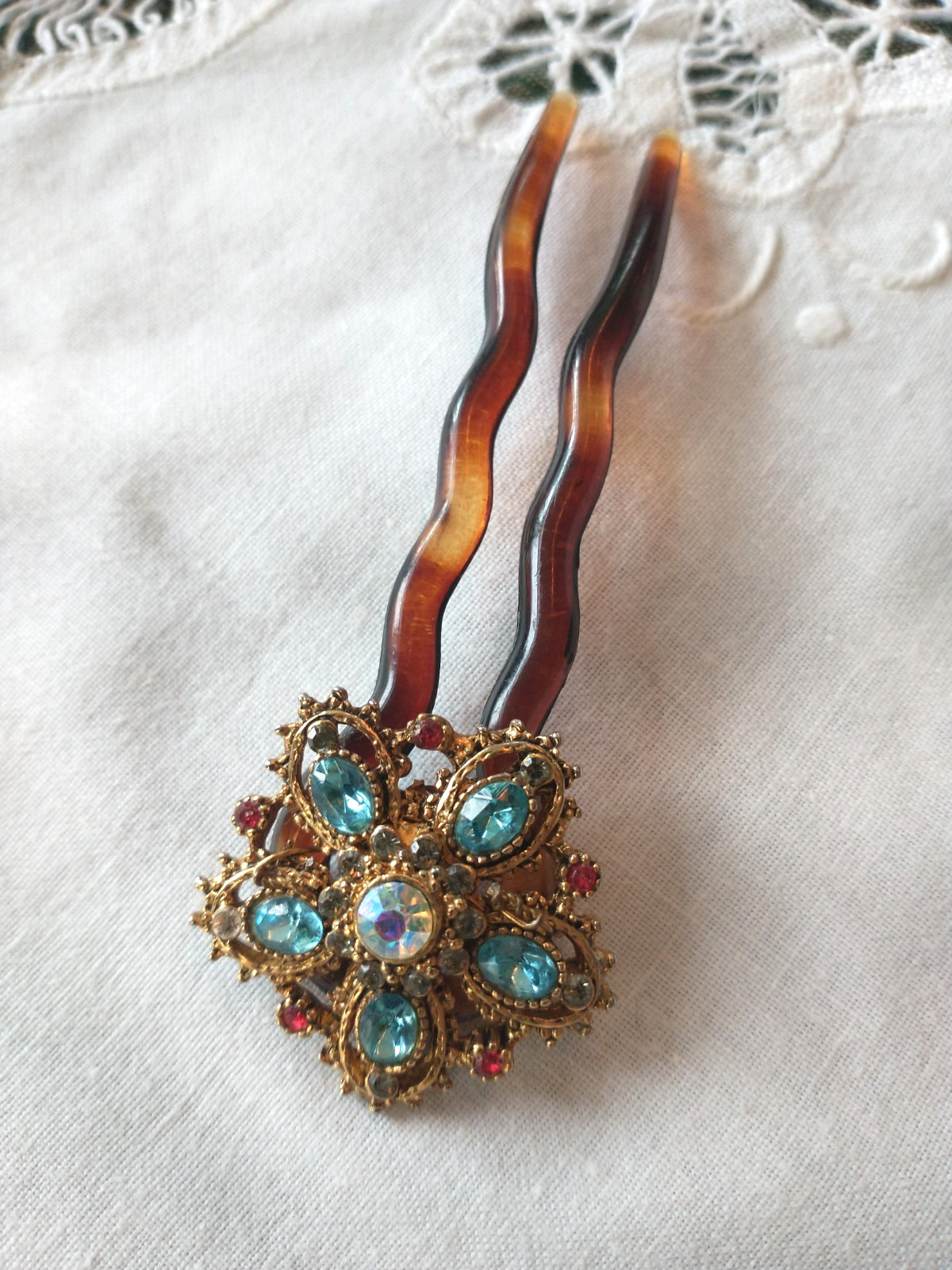 VTG Aurora Borealis & Rhinestone Faux Tortoise French Hair Pin Made In France