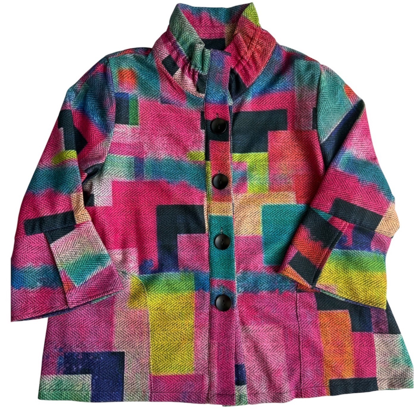 Vintage Frederique Art To Wear Geometric Jacket Colorful Patchwork Button Up L