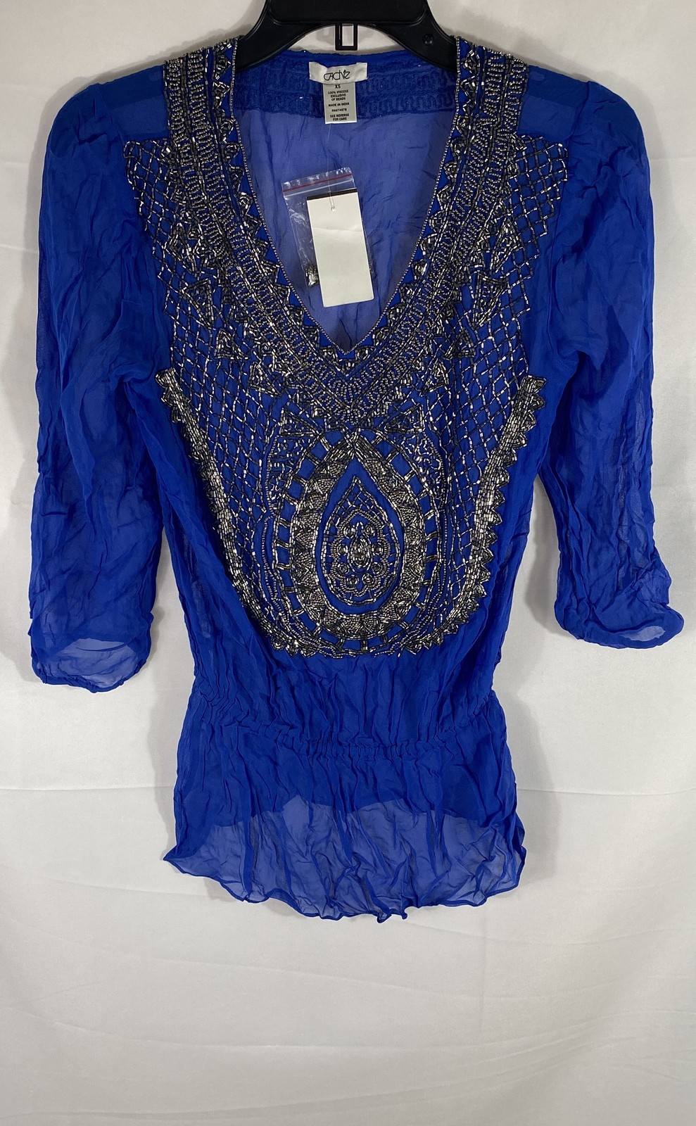 Vintage Y2K Cache Women’s Blue Beaded Sheer Viscose Blouse Top NWT Sz XS