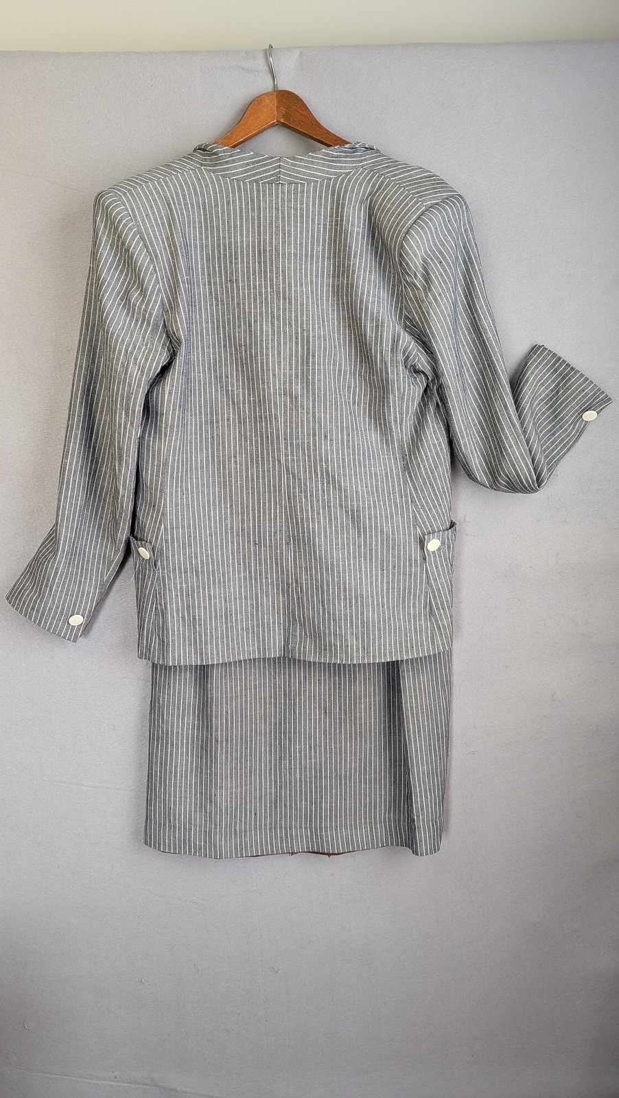 Late 80s 90s VTG Pinstripe Skirt Suit Set 10 Rayon/Linen Blend Blue Denim Look