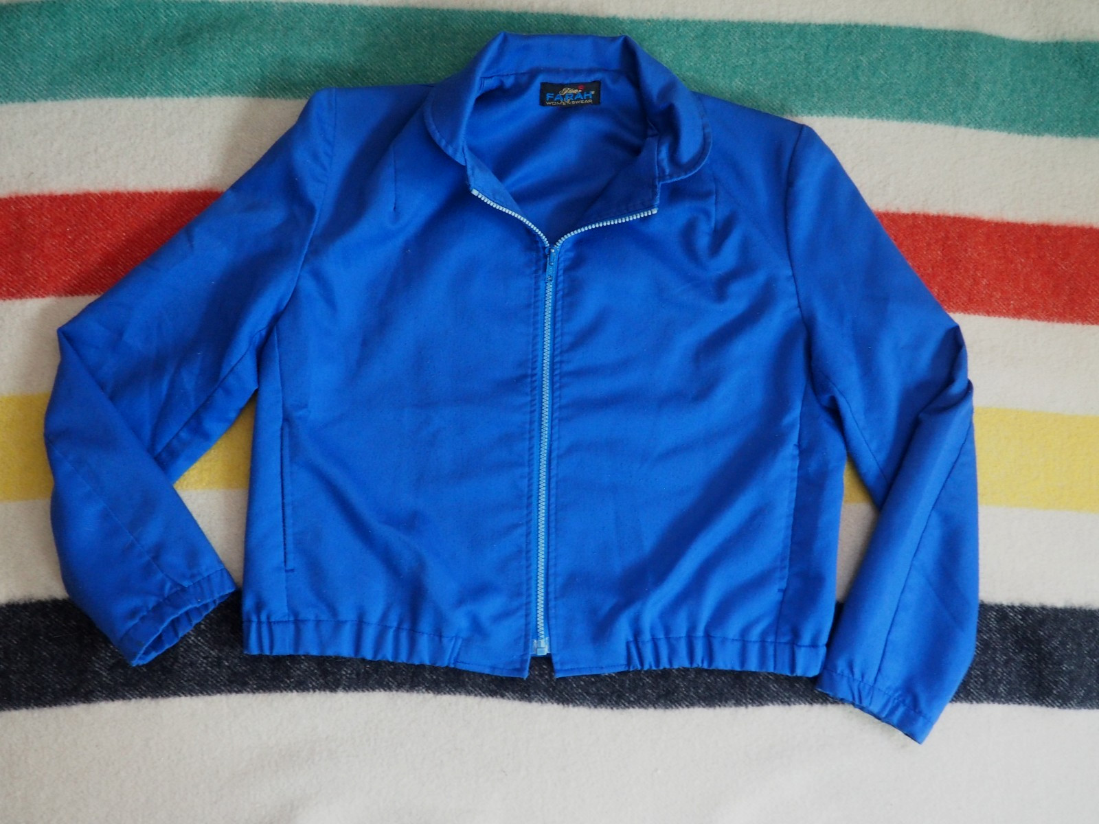 VTG 70s Farah Westernwear Royal Blue Polycotton Zip Crop Rodeo Jacket Womens L