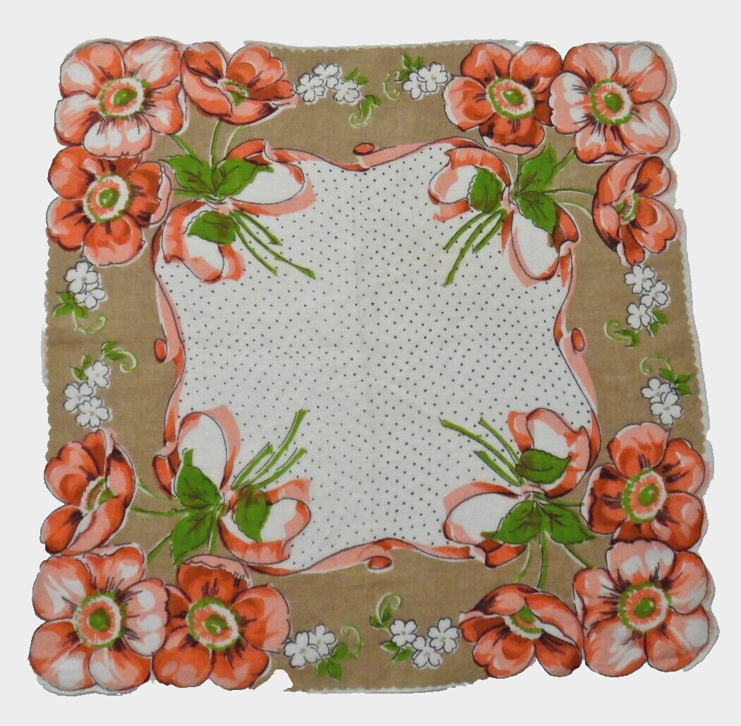 Vintage Printed Handkerchief, 12″, Floral and Ribbons, Hand Rolled Hem, 1950s
