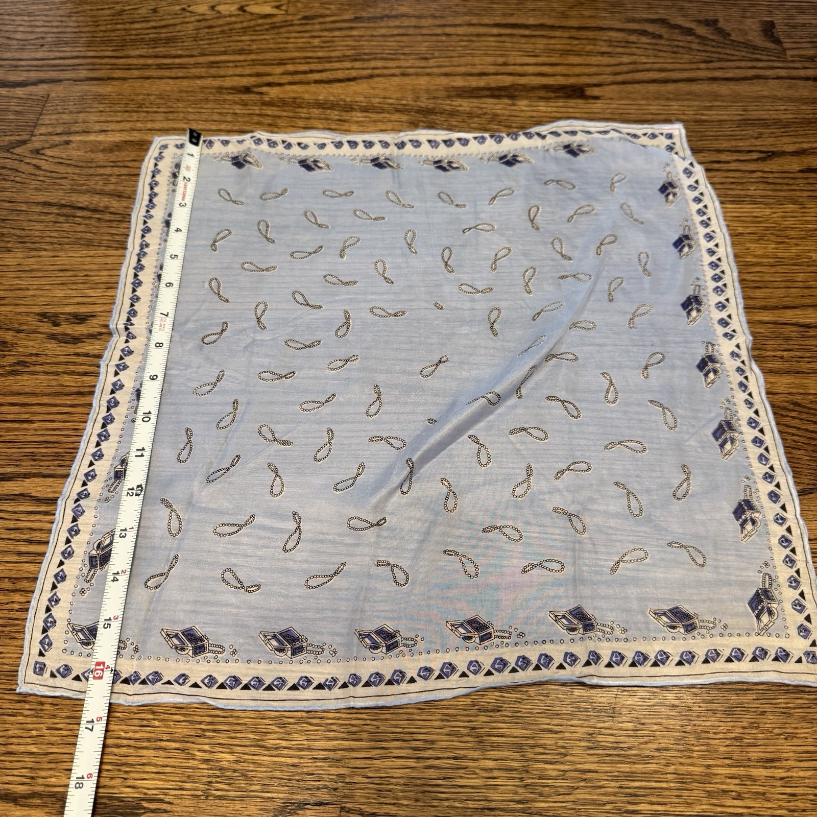 Vtg Made In Japan Diamond Pearl Hand Rolled Purse Scarf 16.5″ Square Blue Silk