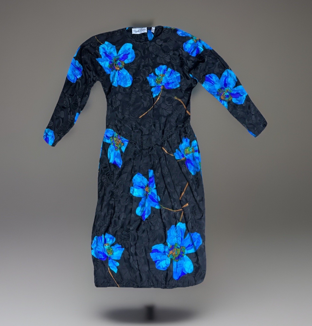 Papell 80’s Silk Dress Size 6 Black Floral Pleated Cinched Waist Cocktail Party