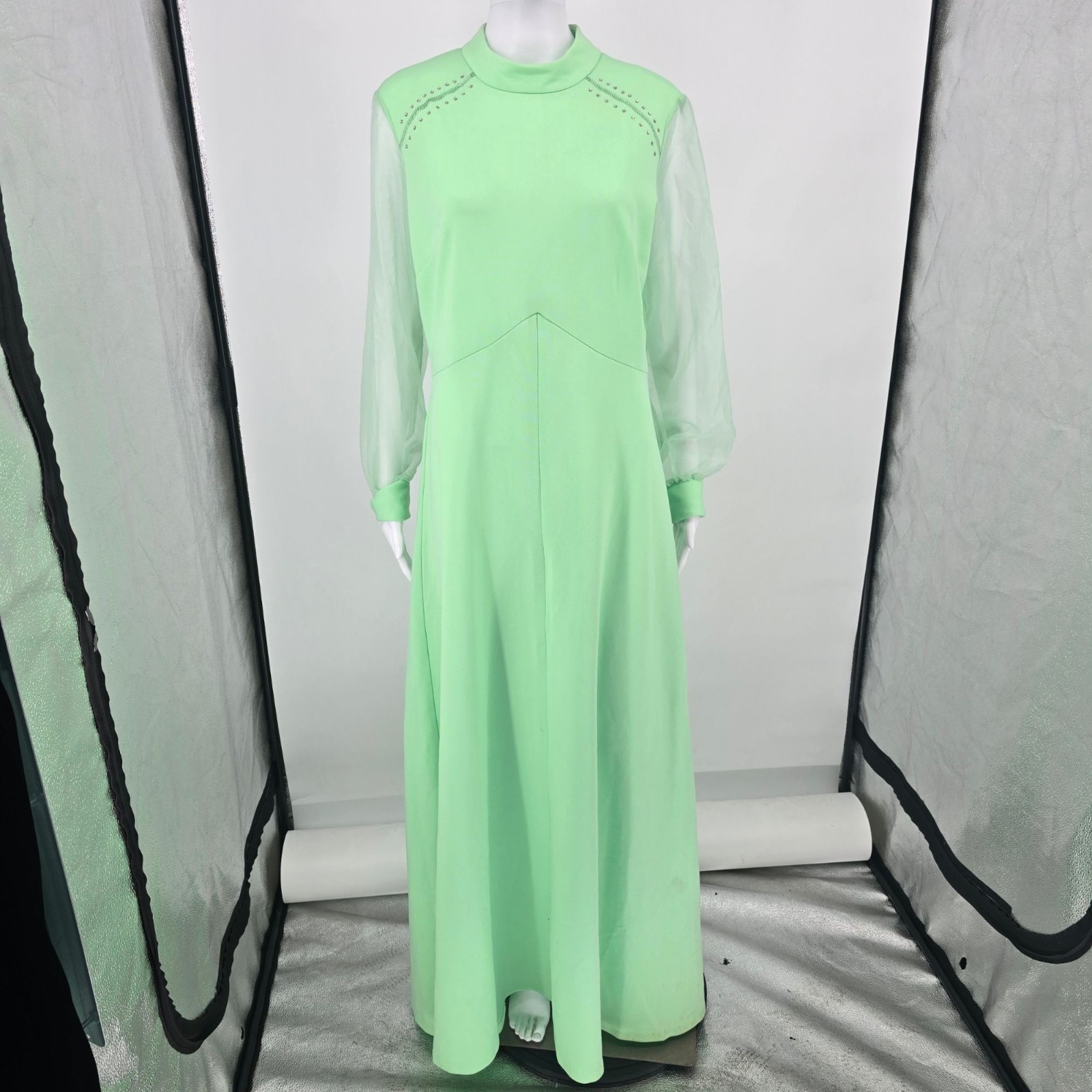 Vintage 1970s Montgomery Ward Seafoam Green Maxi Dress Evening Gown (L)