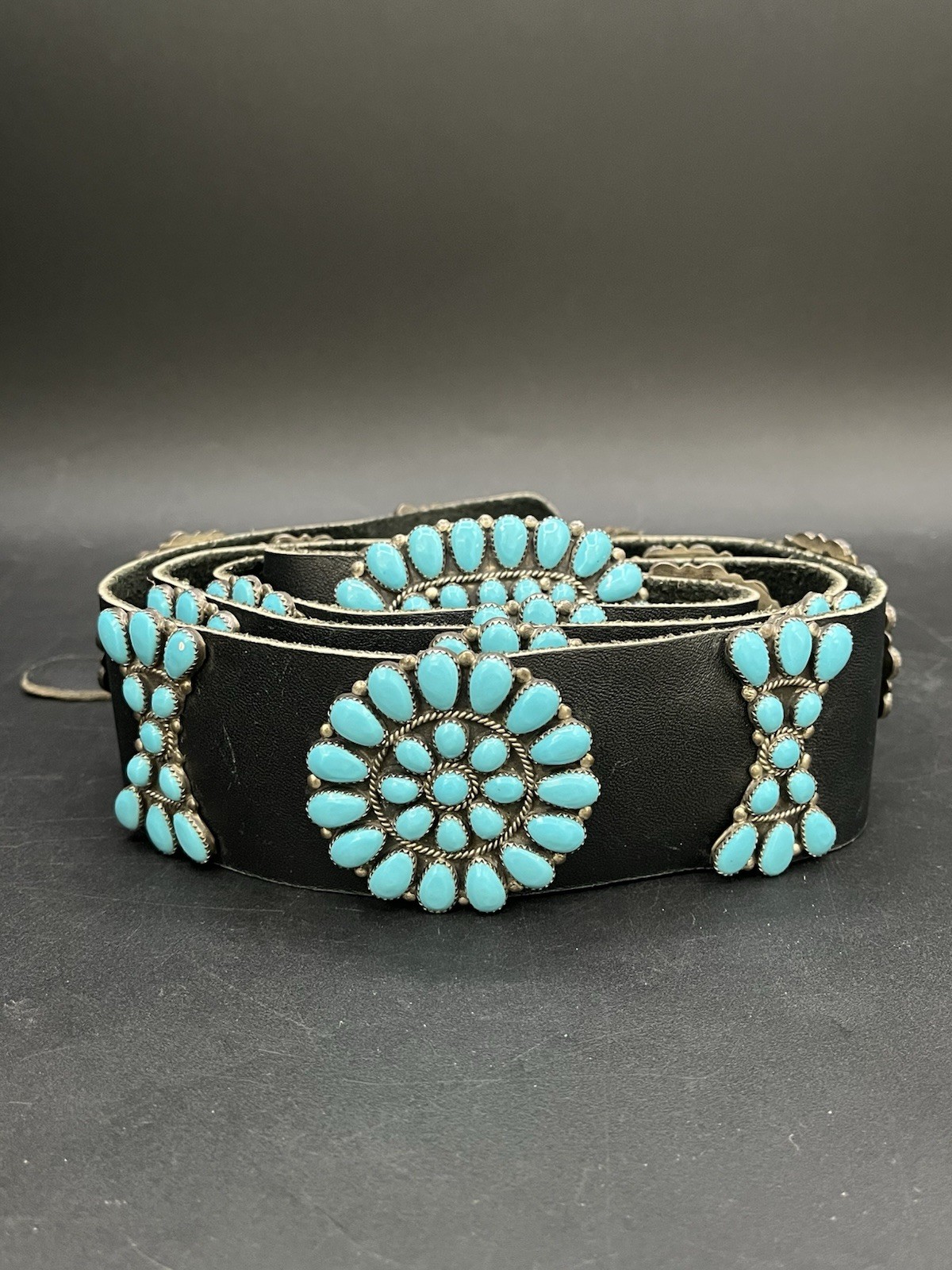 Vintage Sterling Silver and Turquoise Concho Black Leather Belt Buckle Hallmark