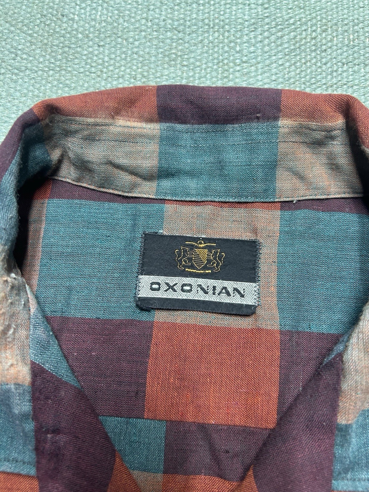 Vintage 60s long sleeve button shirt loop collar plaid poly cotton distressed XL