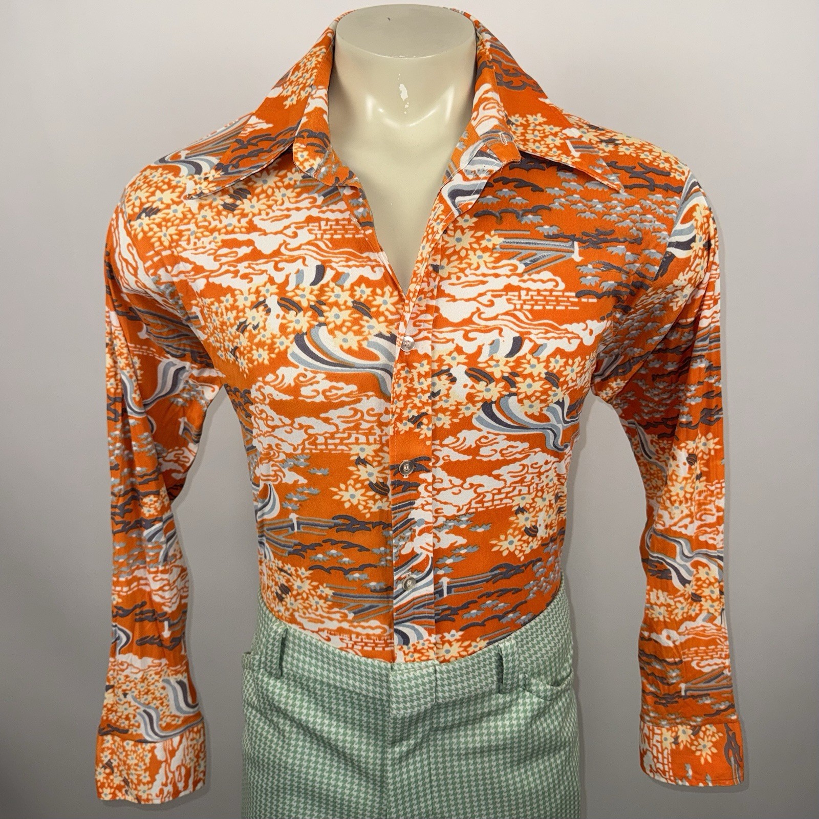 Vtg 60s 70s Disco Shirt Mens XL Abstract Floral Saturday Night Fever Beatnik Mod
