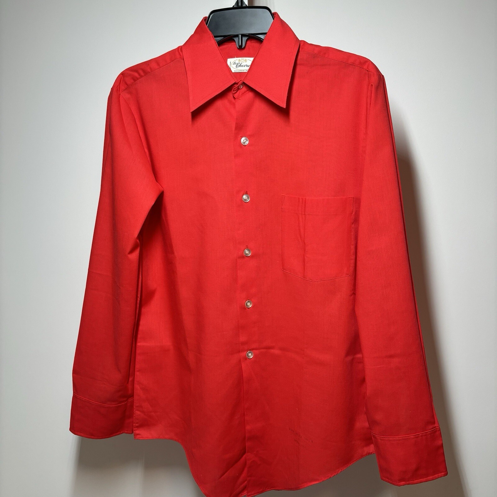 Vtg Le Chevron Red Polyester Cotton Men’s Button Up Shirt Fit Size M Read Desc