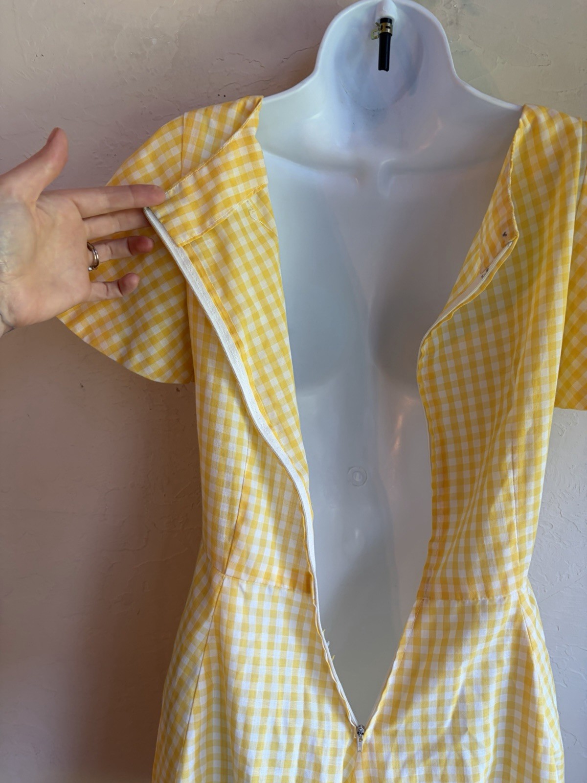 Vintage 60s 70s Handmade Gingham Ruffle Lace Up Dress S Prairie Yellow Milkmaid