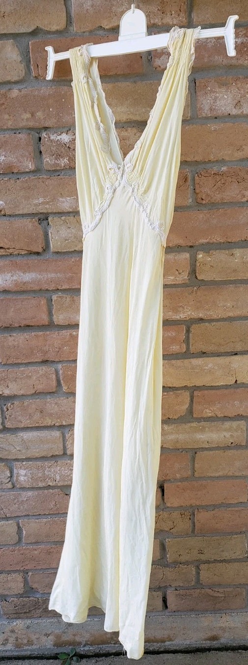 VTG 40s Ms Leonora Yellow Bias Cut Gown Sz XS/S? Art Deco STAINS DAMAGE READ
