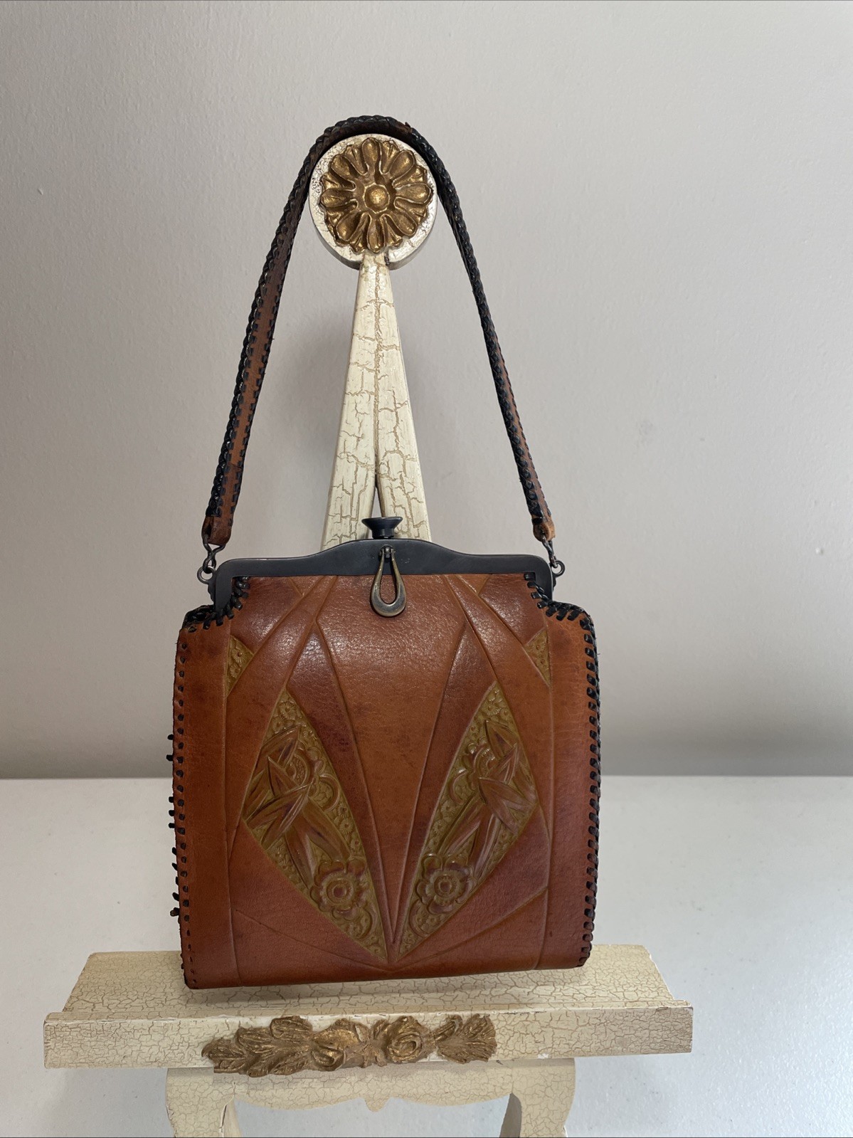 Meeker Antique Art Nouveau Leather Tooled Purse Circa 1915-1917