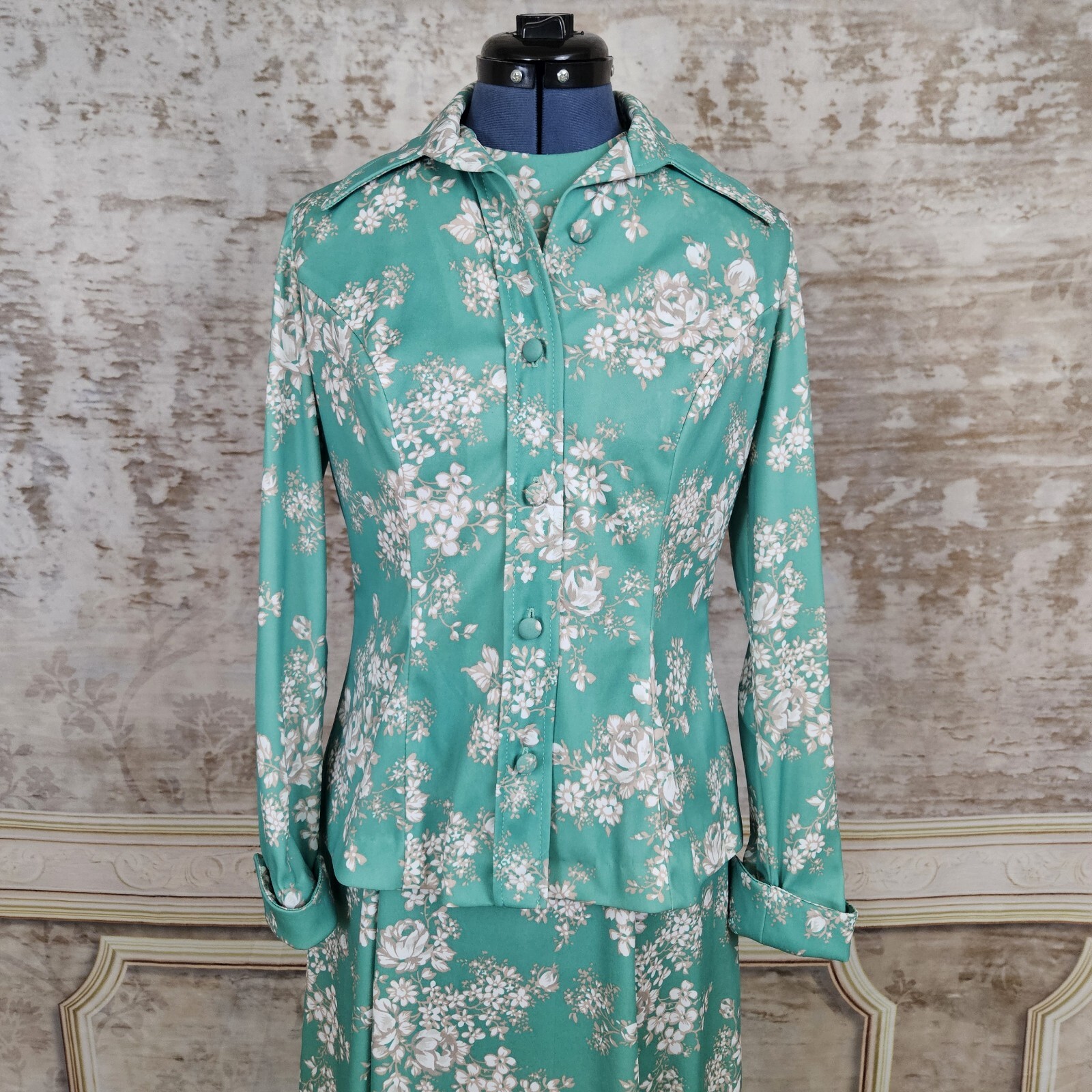 Vintage 1970s M Maxi Dress & Jacket Green Floral Mod Vintage VTG 70s Sleeveless