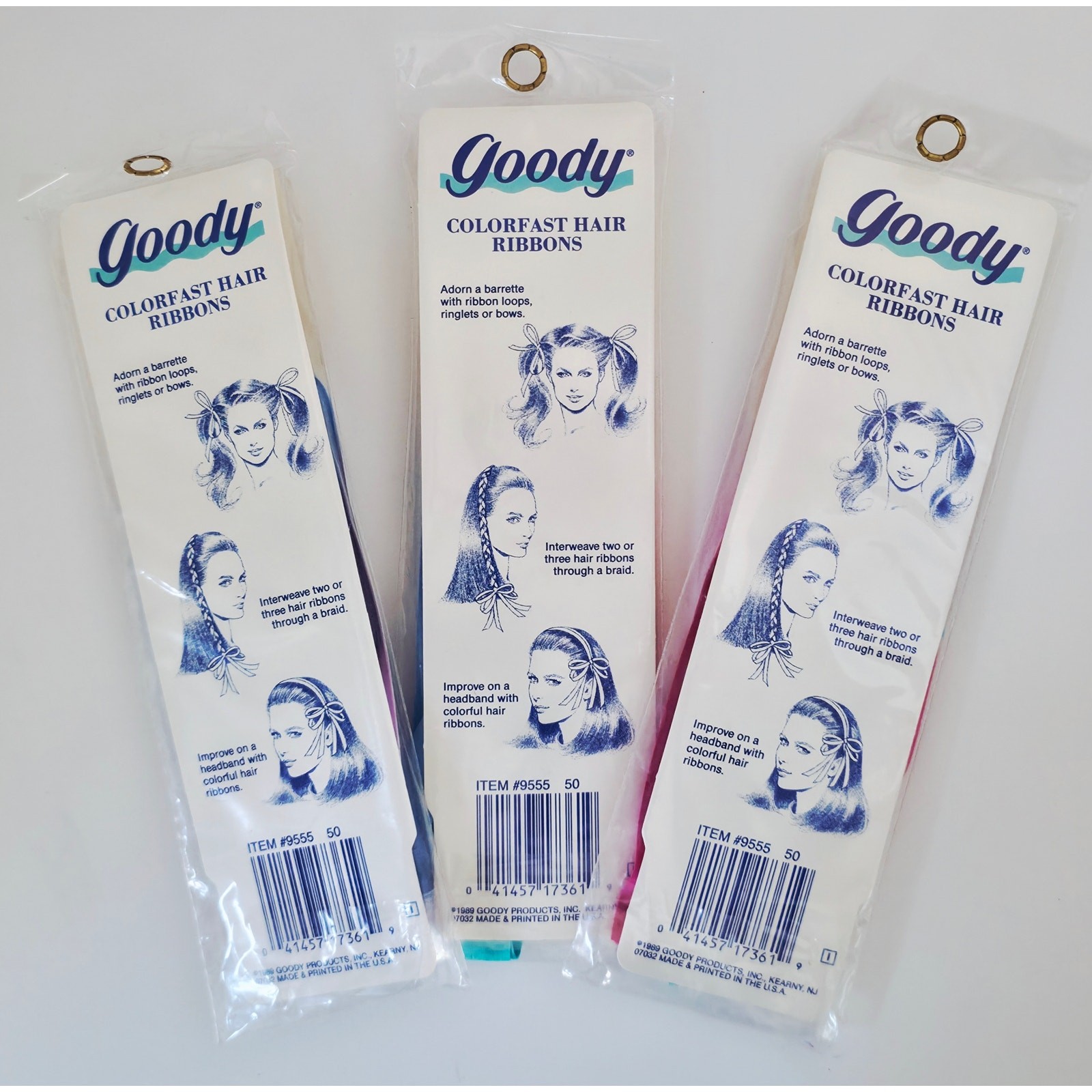 VINTAGE *NEW* 1989 Goody Satin Hair Ribbons Colorfast 36″ # 9555 Set of 15 USA
