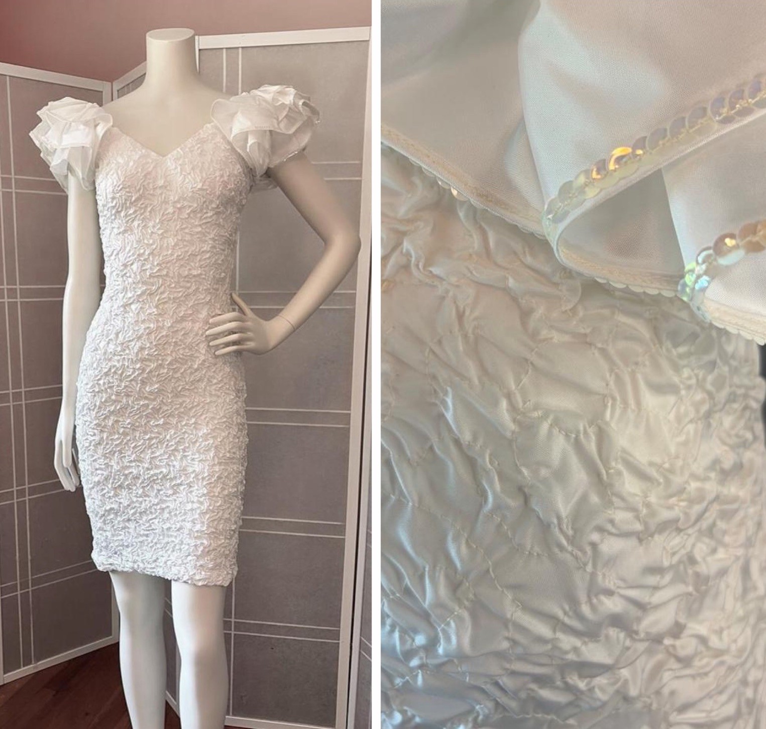 NWT VTG 80s 90s Bridal Formal Prom White Mini Dress crinkle ruffles sequin XS S