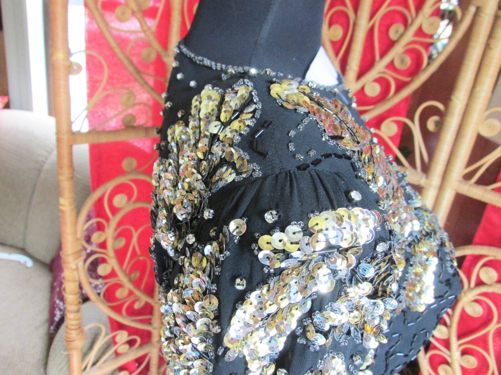 Niteline Black Silk Dress Silver & Gold Sequins Rhinestone Stud Sheer Neck SZ 4