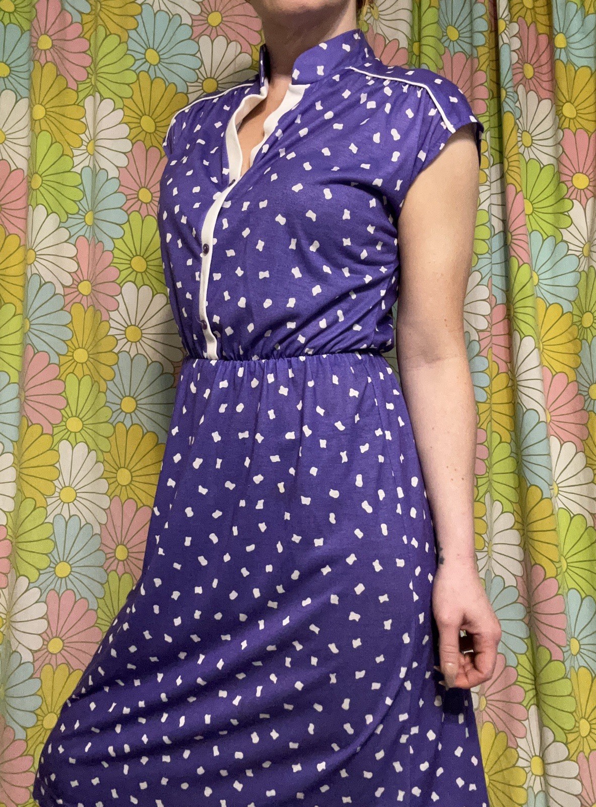 Vtg Shirtwaist Midi Day Dress Geo Dot Print Purple Retro Rockabilly Mod UNION MD