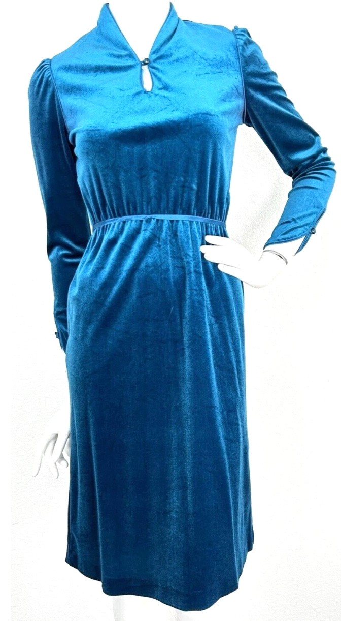70s Velour Dress Size XS Turquoise Long Sleeve Stretch Belt Satin Trim USA EUC