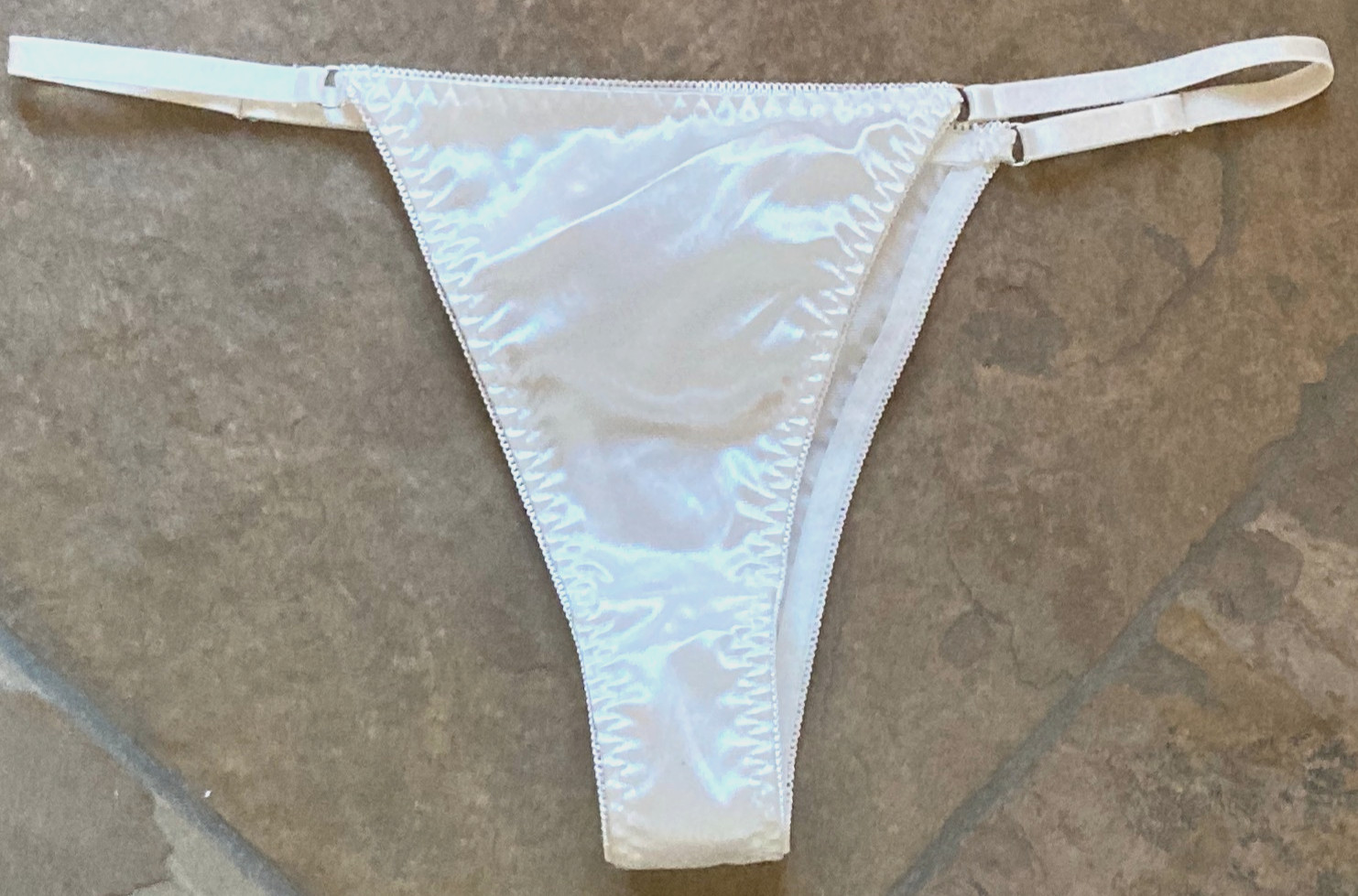 Second Skin SNOW White SATIN Med/6 Adjustable Sides Tanga Panties NWOT