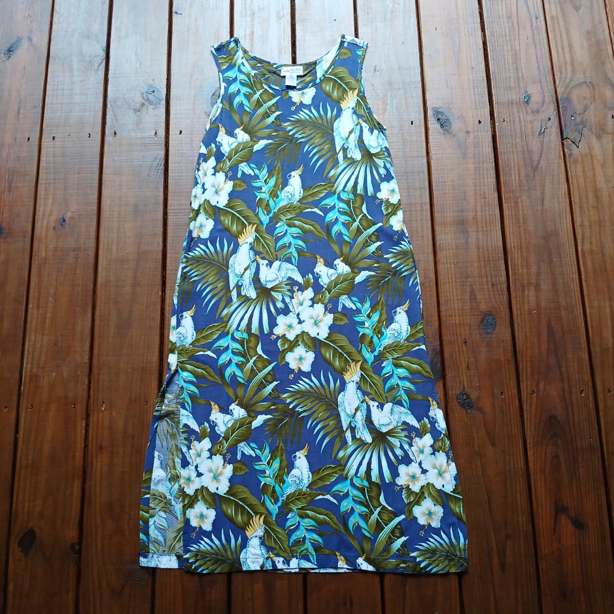 Vintage 90’s M blue green tropical floral parrot print maxi midi dress