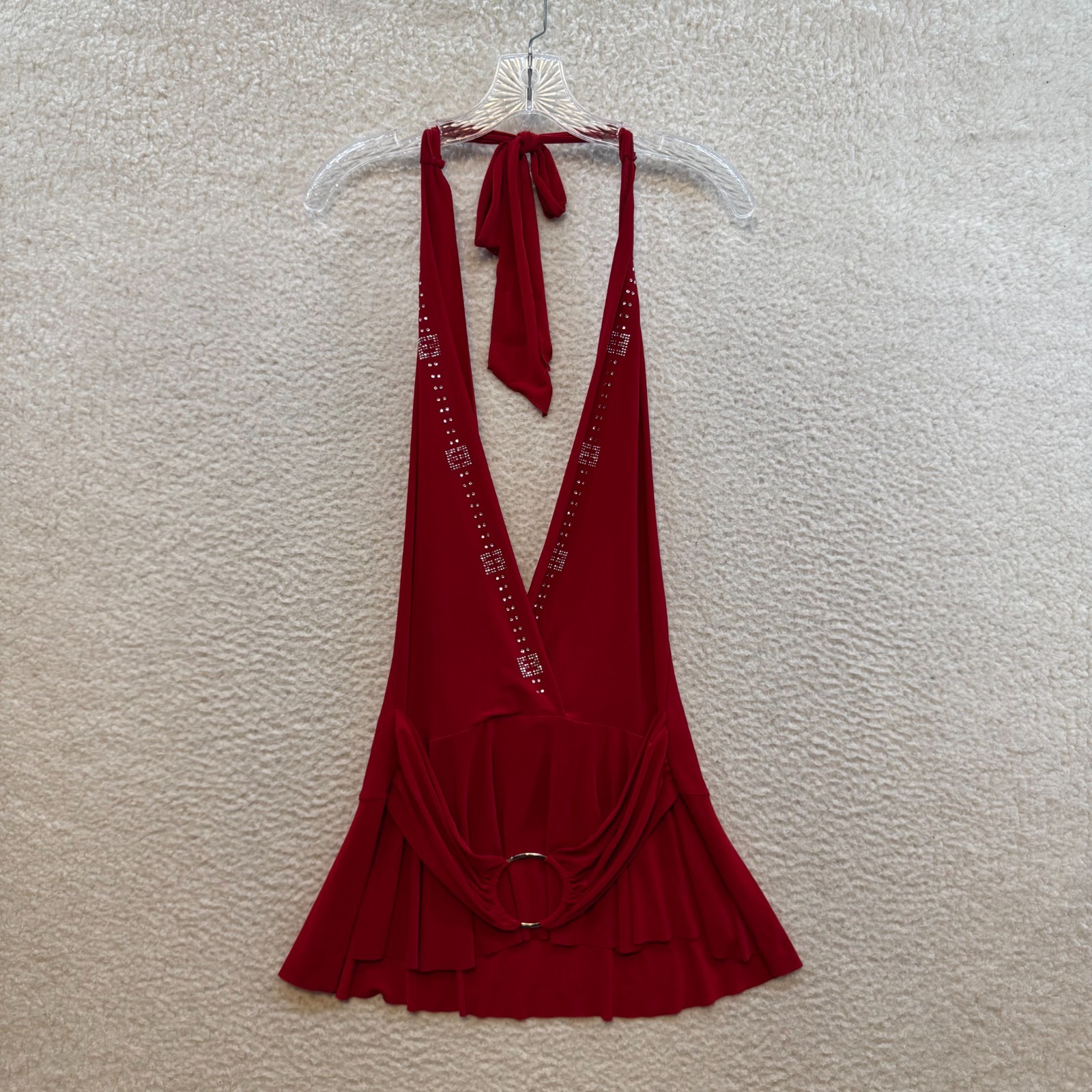 90s Y2K Vintage Halter Mini Dress Large XL Red Plunge Neck Backless Rhinestone