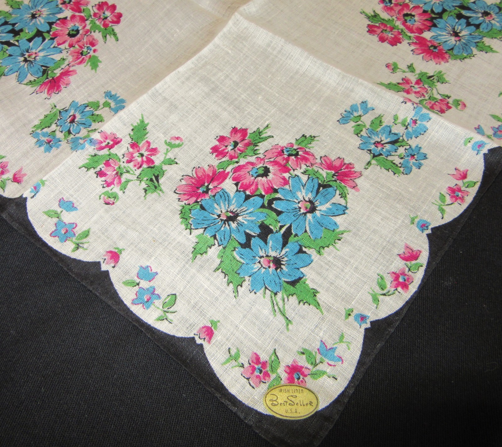 Vintage Hankie Irish Linen Floral Black Border Best Seller Hand Rolled
