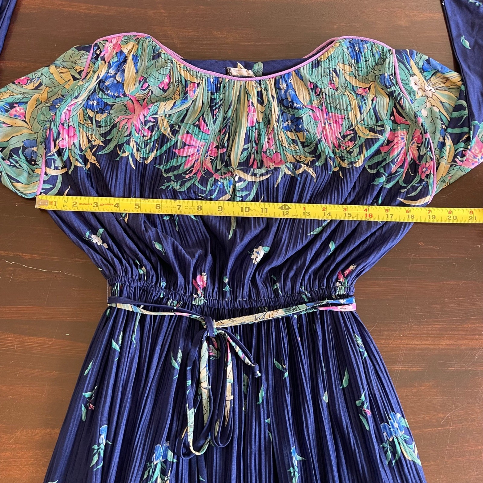 Vintage Hal Ferman 70s Garden Floral Pleated Midi Dress Navy ILGWU Union Made