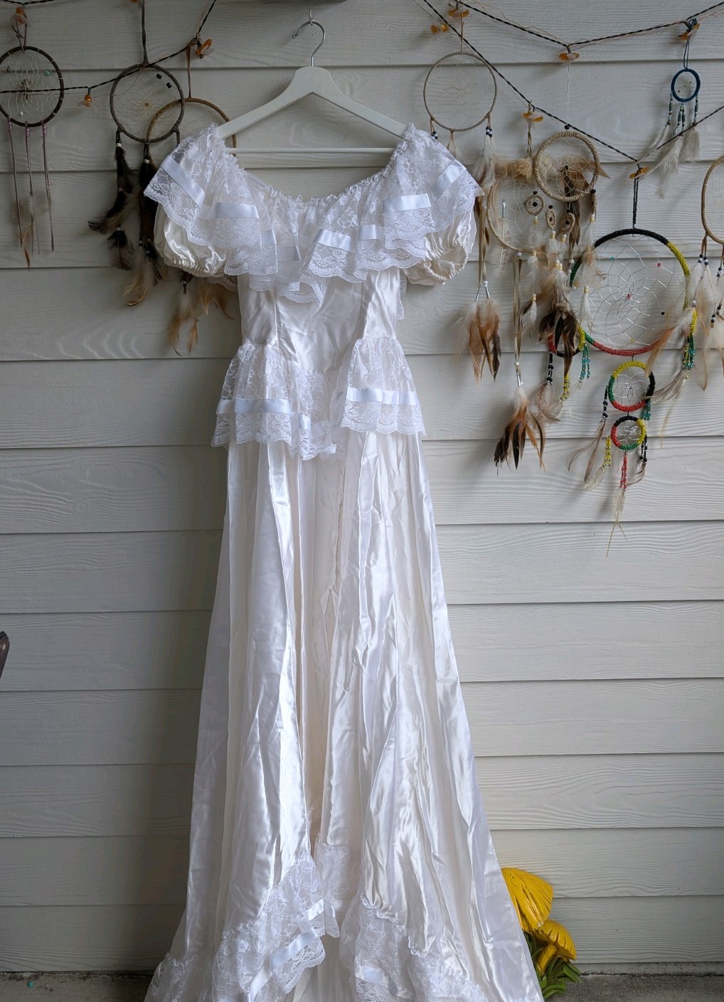 Vintage 70-80s Satin Lace Victorian-inspired Prairie Wedding Dress