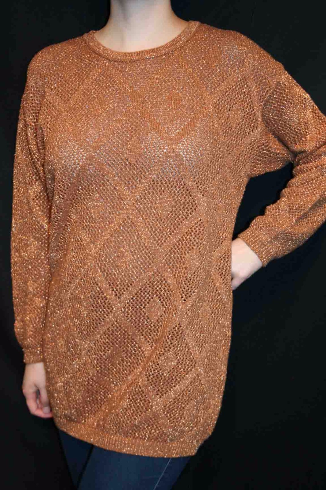 S Vtg 80s Metallic Sweater Copper Geometric Open Knit Cotton David Long Tunic