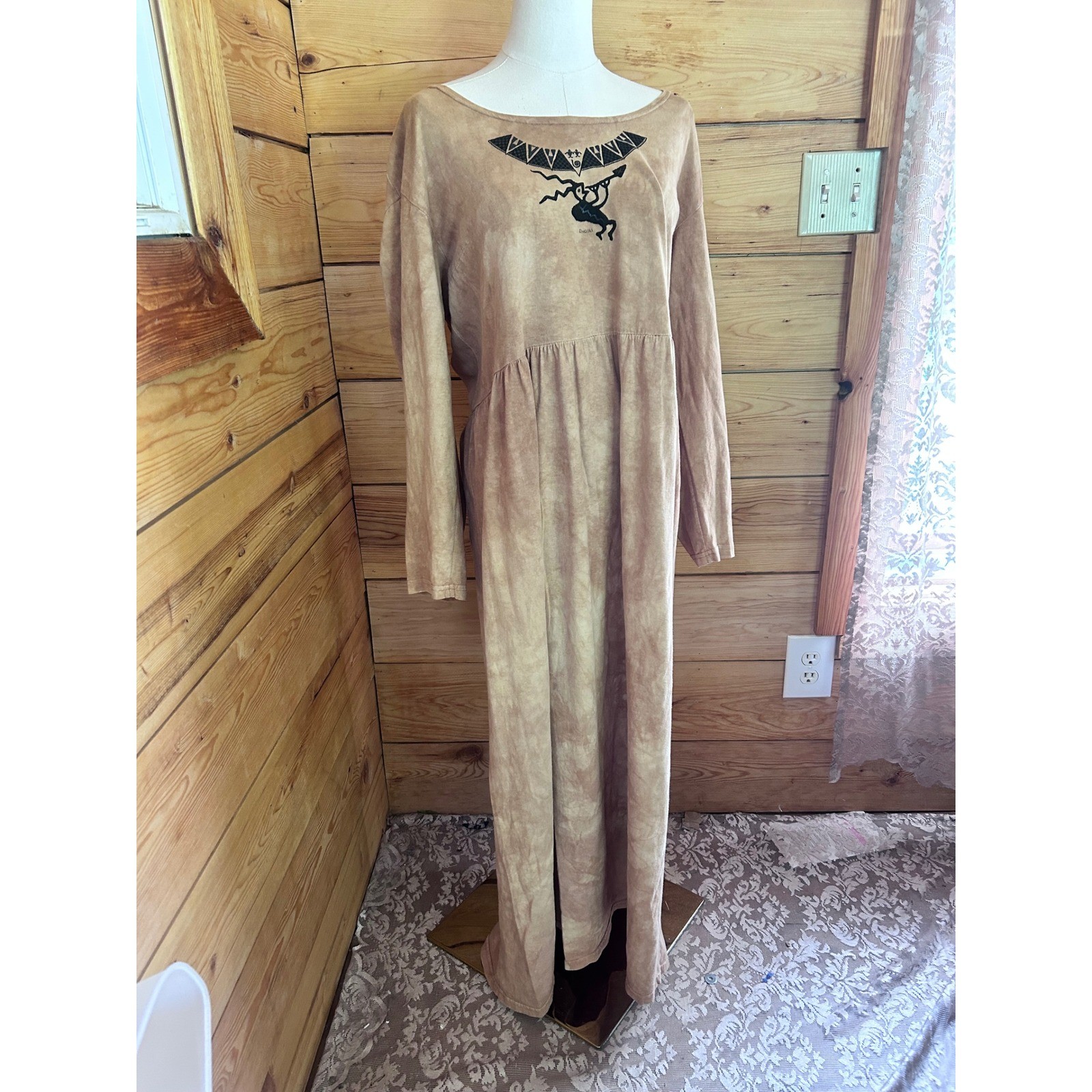 Vintage Cotton Maxi Dress Sz Large Brown Kokopelli Southwestern Dagoli Oversized