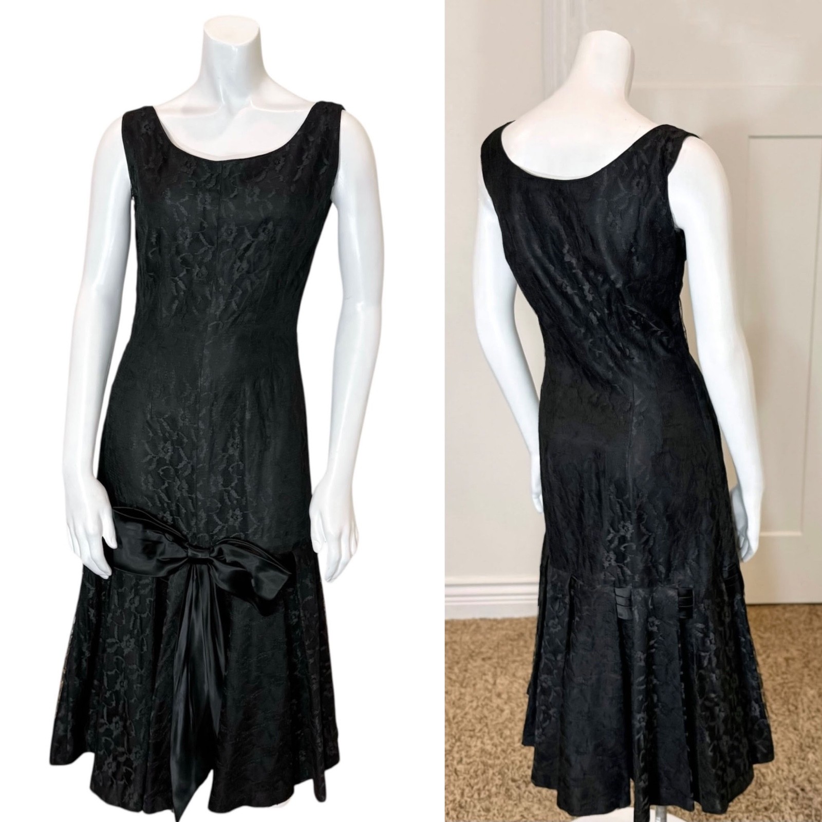 Vintage 50’s MERMAID LACE MIDI DRESS BOW Goth Drop Waist Cocktail Wiggle Prom