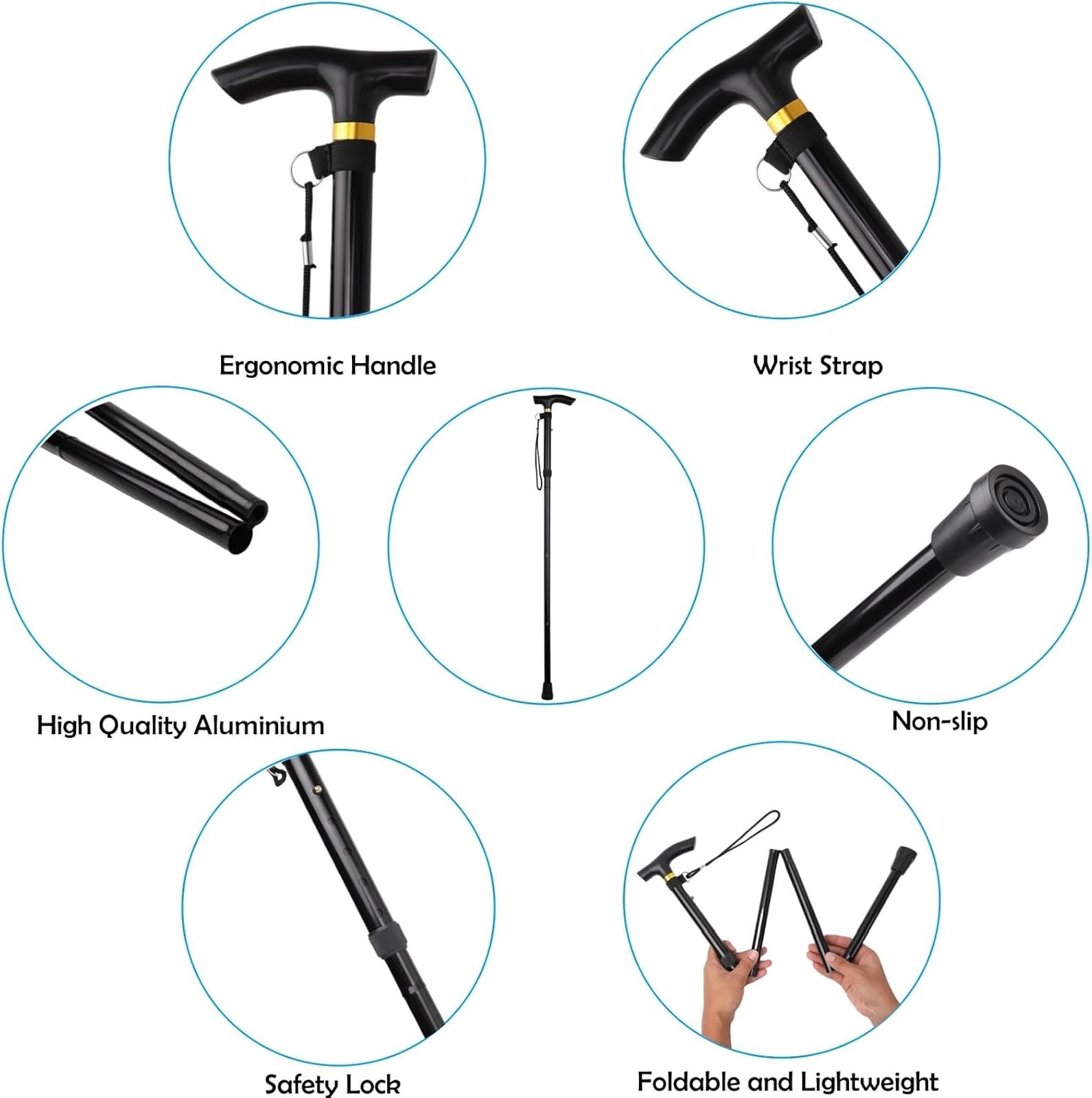 Lightweight Aluminum Folding Walking Cane Adjustable Travel Collapsible Hiking