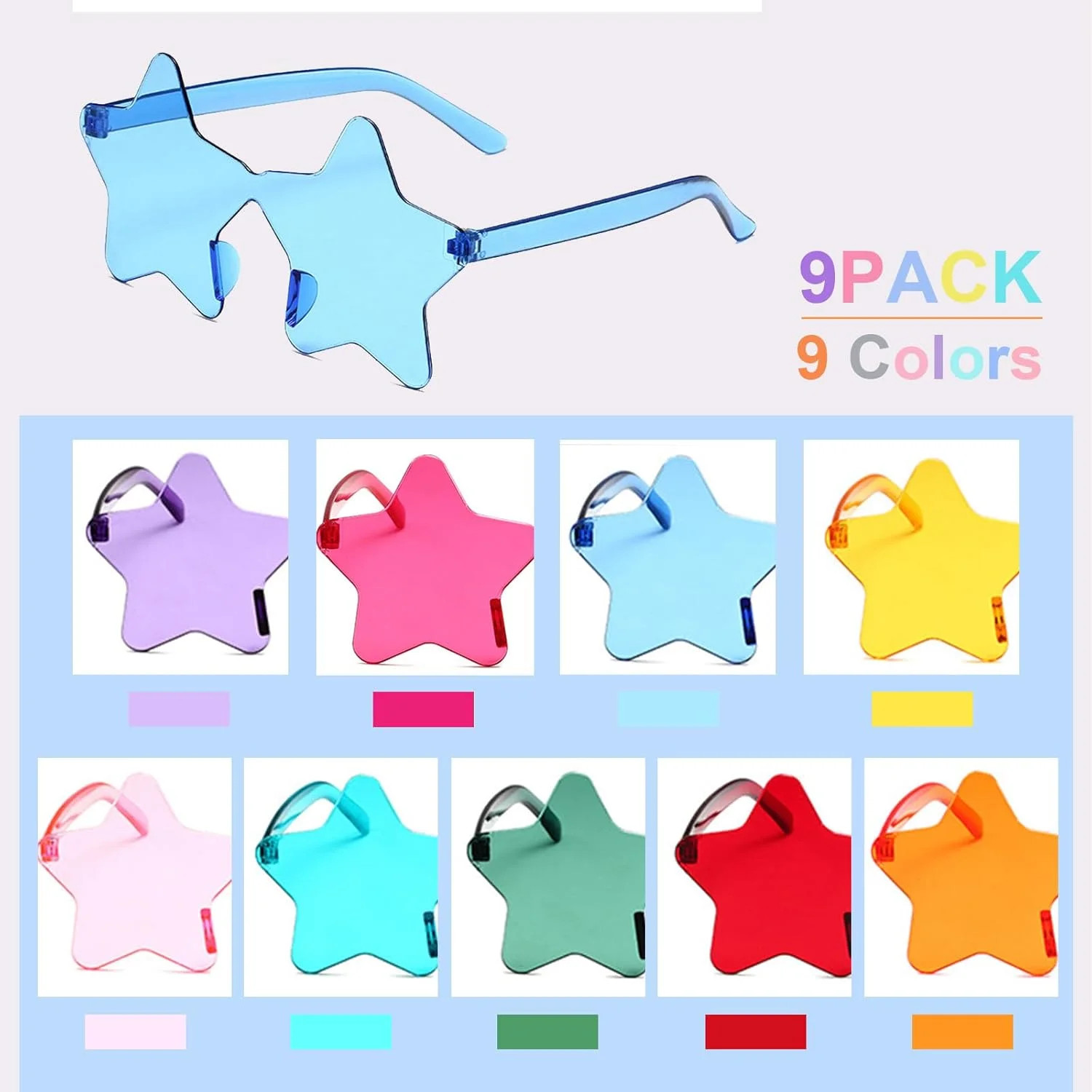 9 Pack Star Sunglasses, Colorful Rimless Star Shaped Glasses, Unisex Party Favor