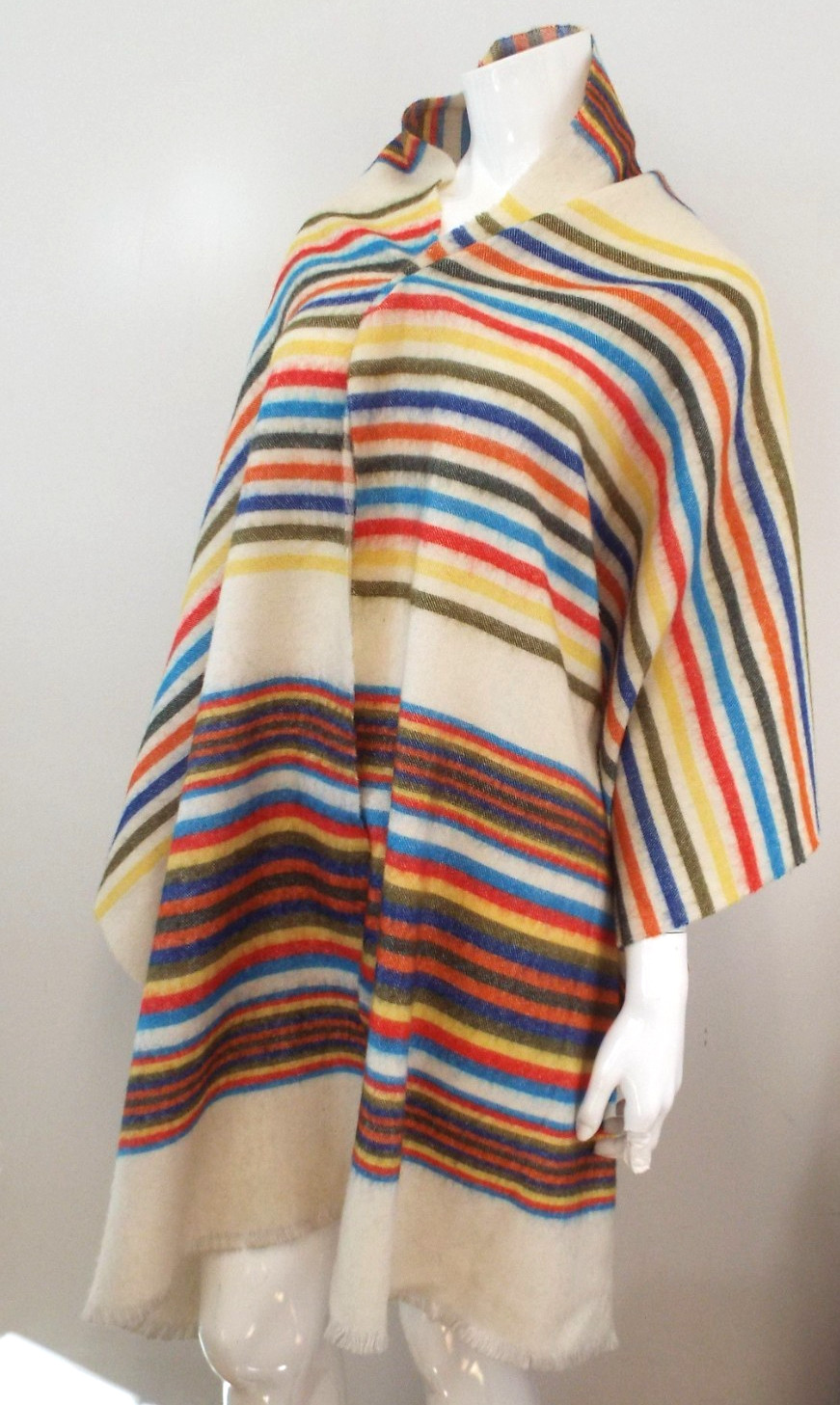 Vintage 1980s KENZO Wool Blend Striped Shawl Scarf Wrap SIGNED Cream Multicolor