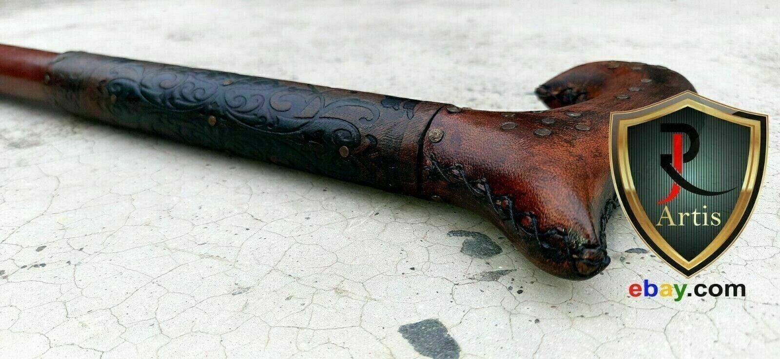 Antique Cane Walking Stick W/Leather Carved Cane Light Comfortable Handle Gift