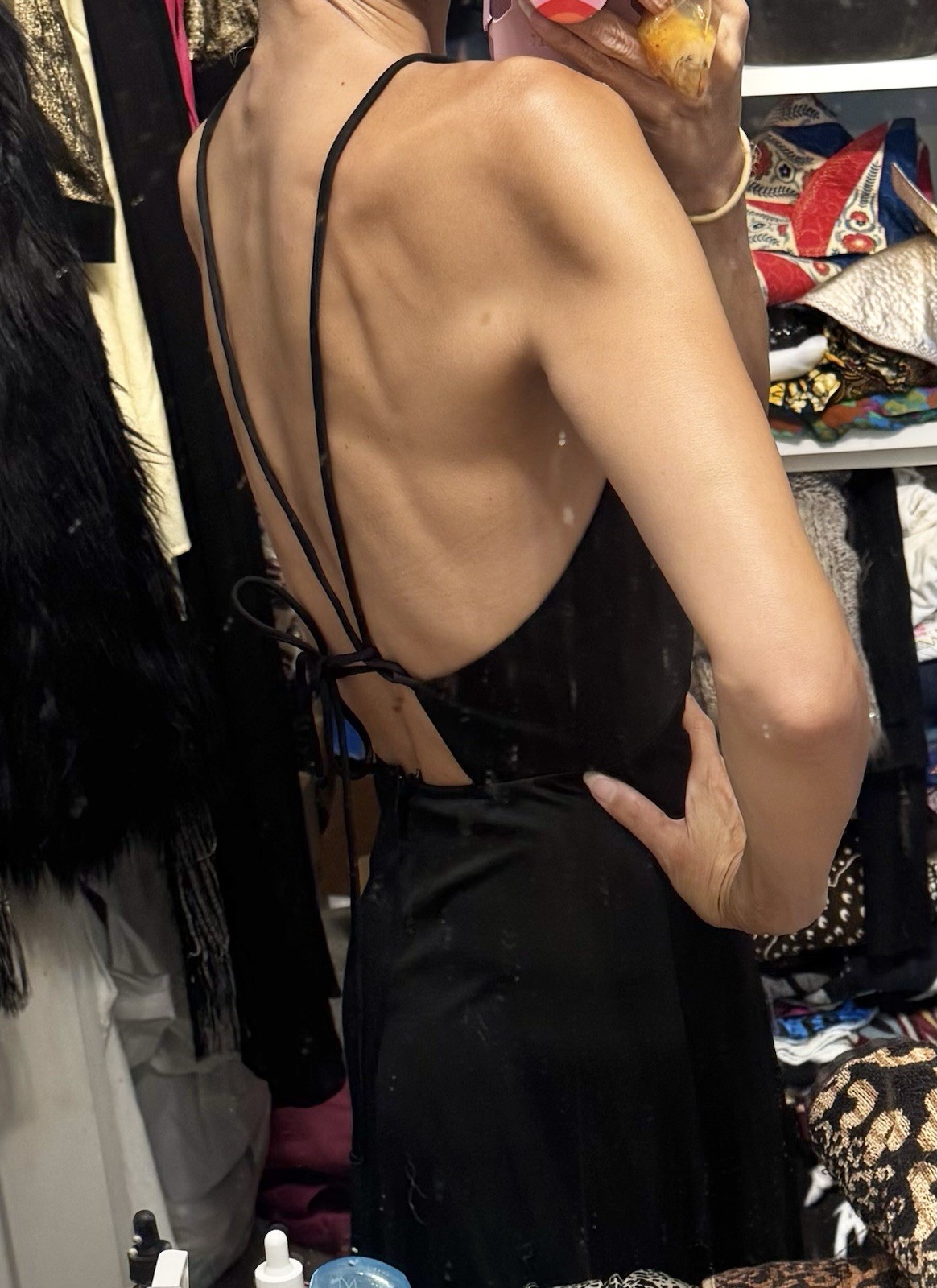 Vtg Black Jersey Maxi Dress Open Back Disco Studio 54 70s Strappy XS Goddess