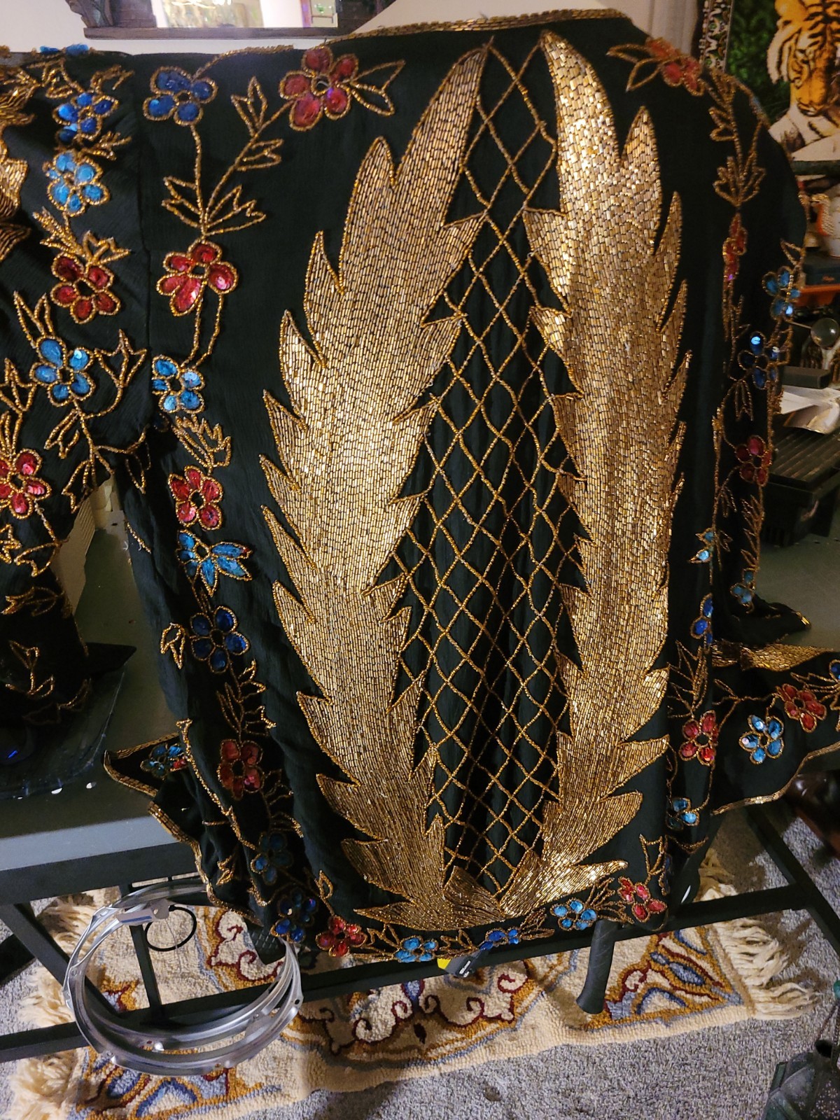 Vtg Royal Feelings Beaded Silk Jacket L Black Gold Sequin Floral Art Deco 80s