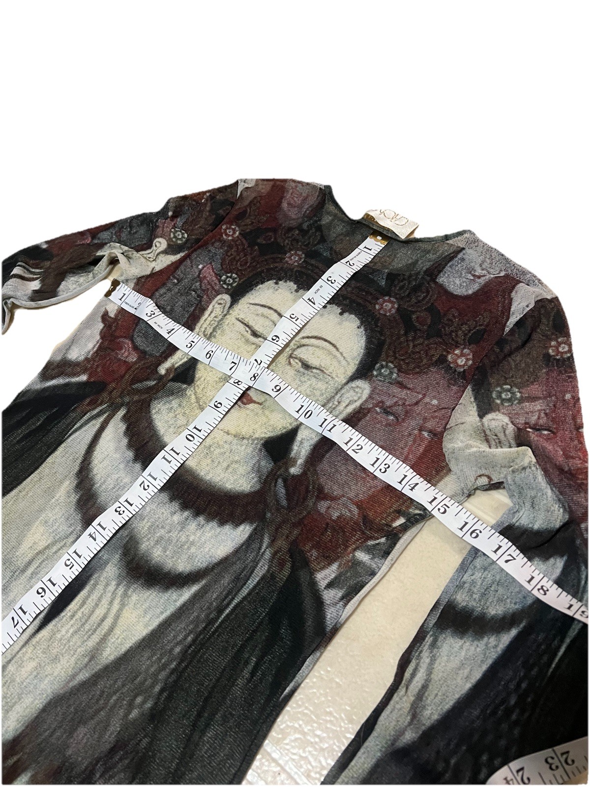 RARE 1997 VIVIENNE TAM CACHÉ SHEER MESH MAXI QUAN YIN PRINT BUDDHA L/S DRESS