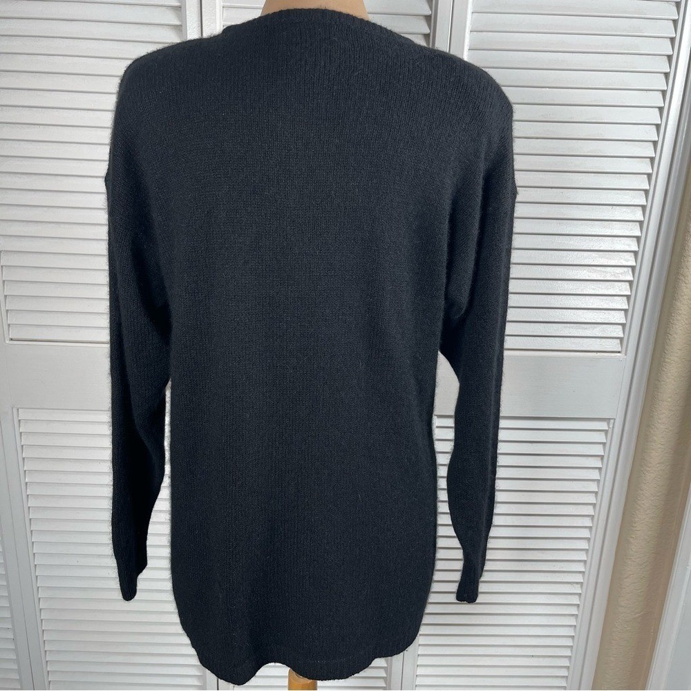 Vintage 80s Amanda Beaded Reindeer Sweater L Silk Angora Black Holiday