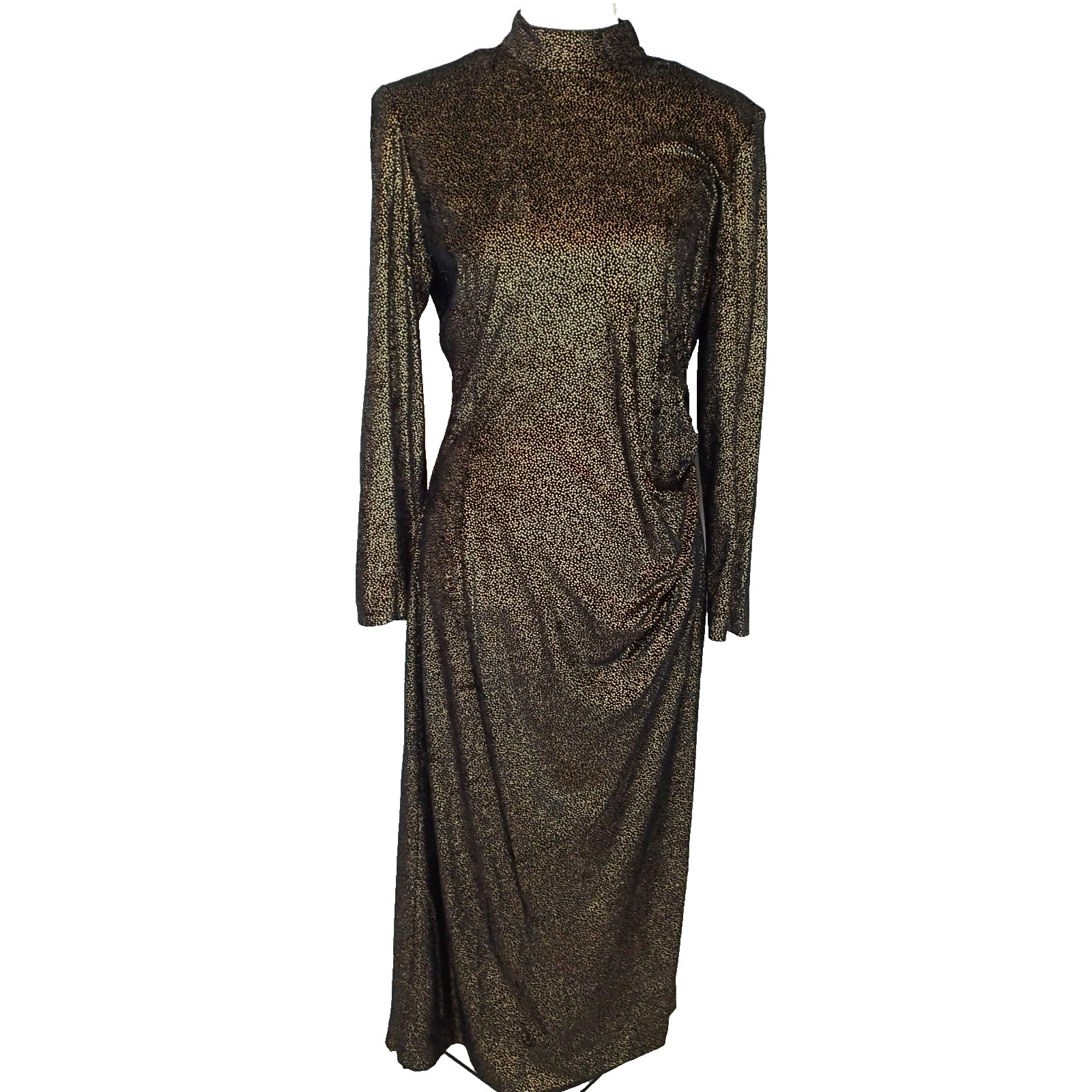 Dress Gaston Jaunet long metallic sz 10 black gold long slv ruched