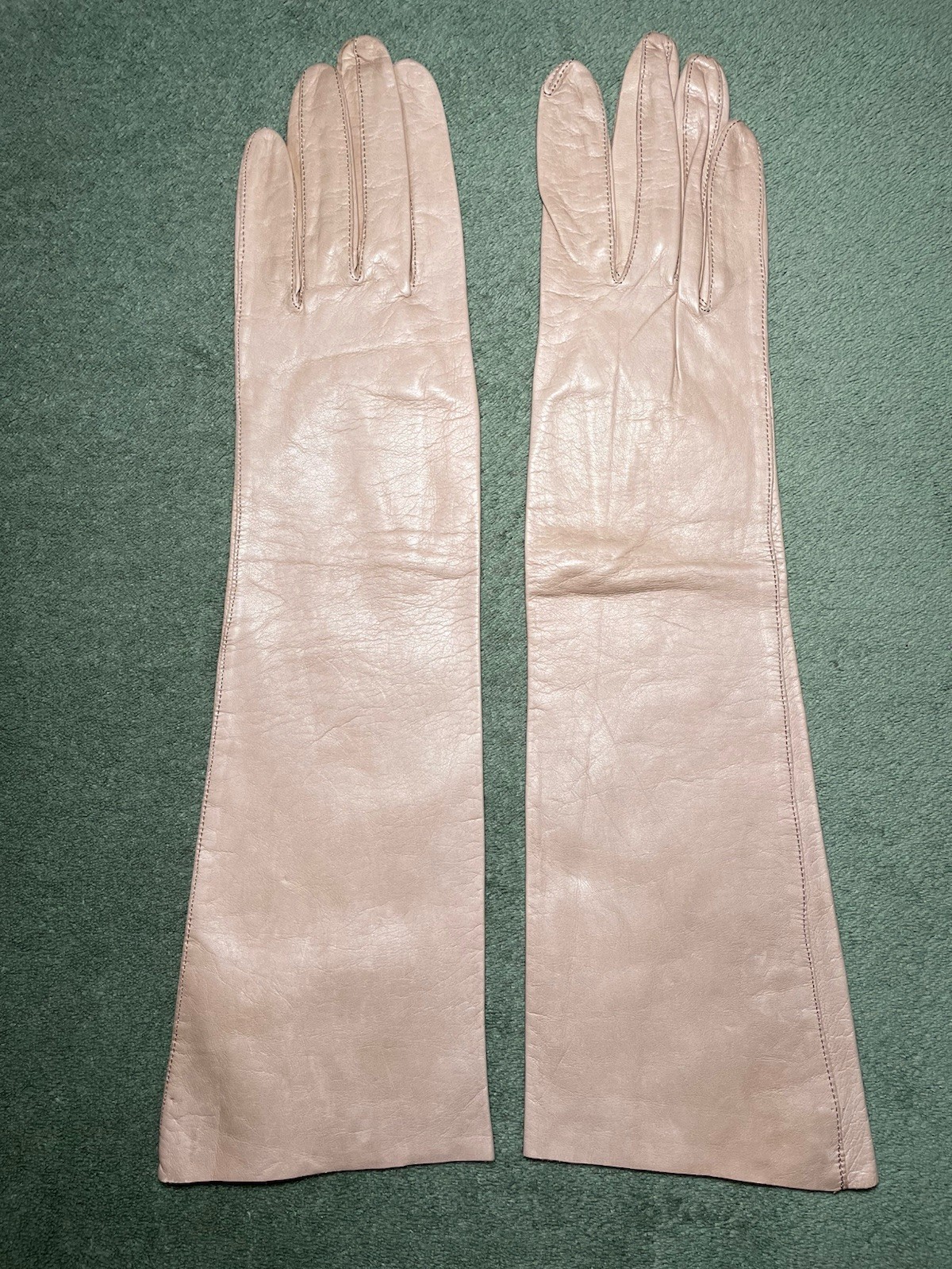 Vintage Pale Peach 15” Long Kidskin Leather Gloves, Size 7 1/2” Unlined