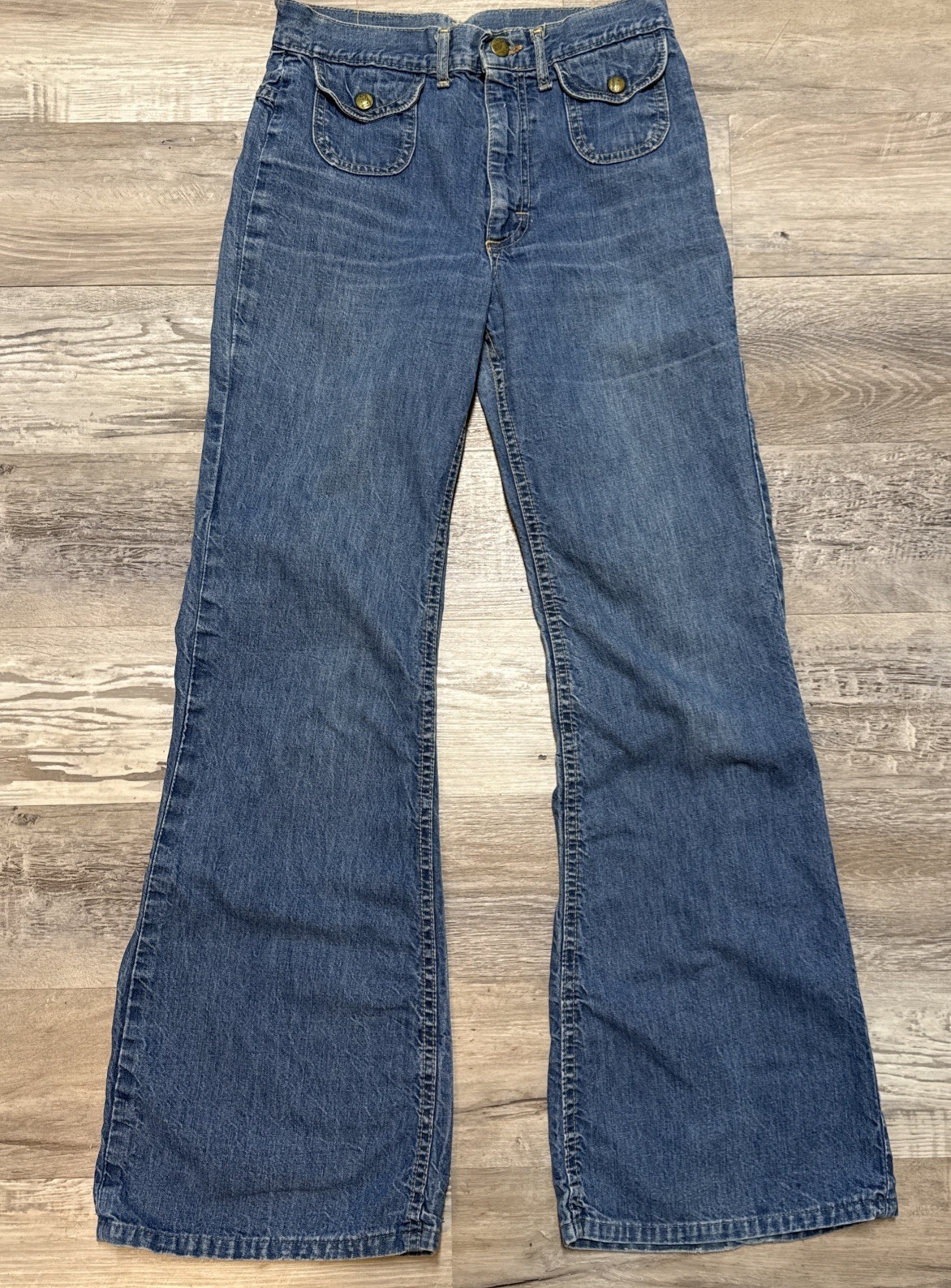Vtg 70s LEE Flared Hippie Bell Bottom Jeans Front Pocket Talon Zipper 28×30