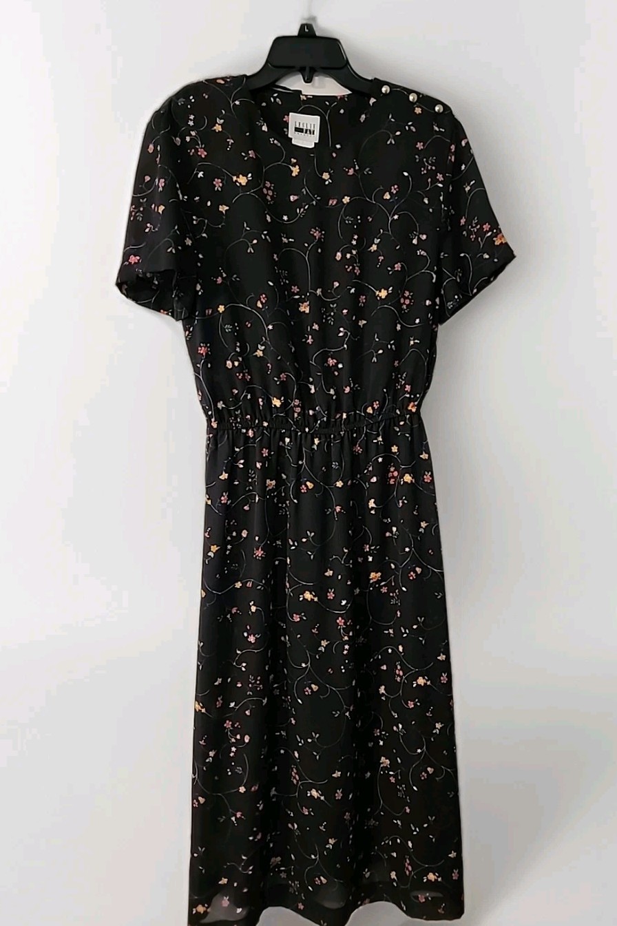 Vintage Leslie Fay Midi Dress Unique Style Black Sheer Fairy Cottgecore Coquette