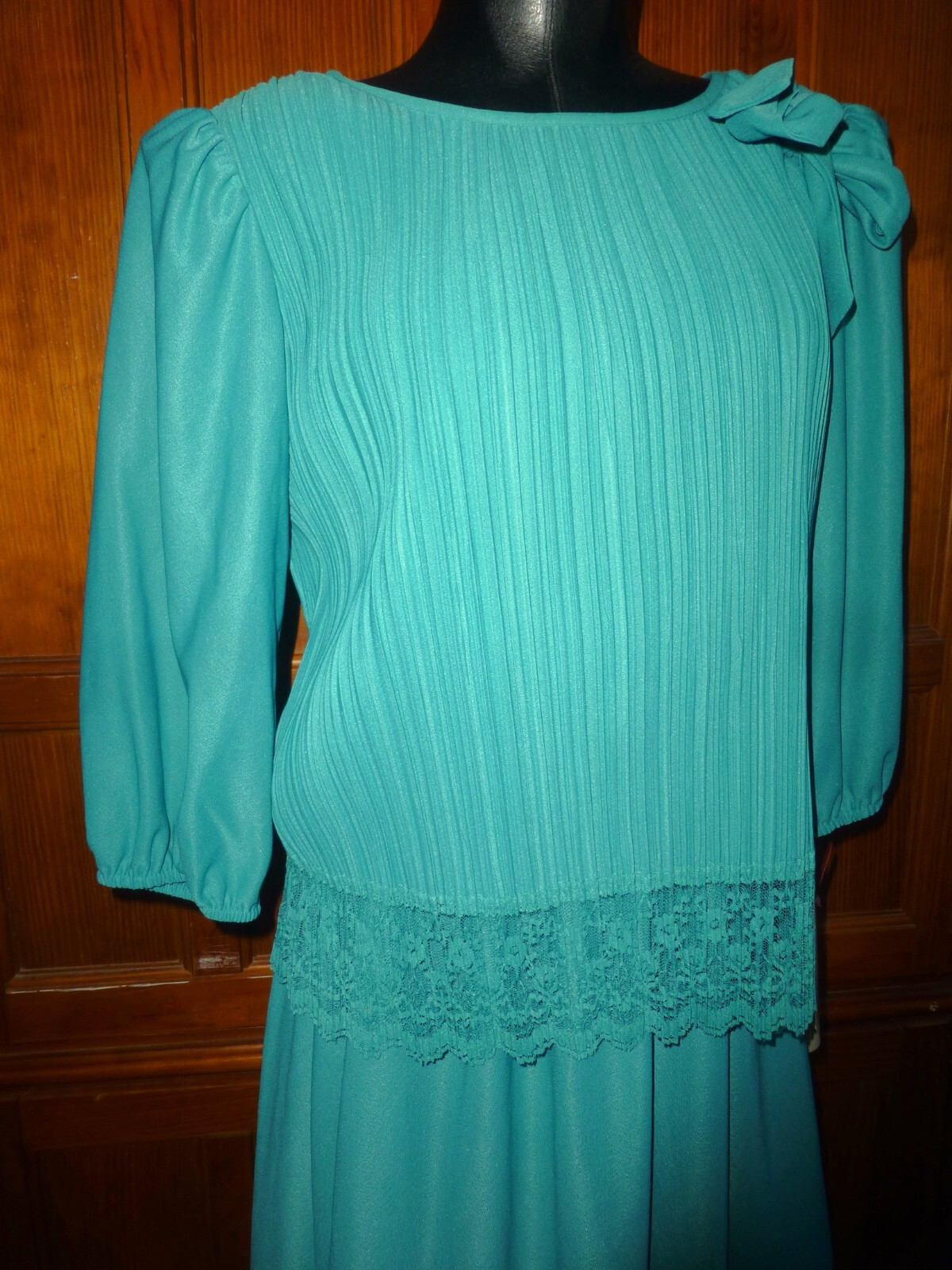 New Tag VTG 70s 80s Micro Pleat Lace Bow Boho Cocktail Secretary DRESS sz 10P