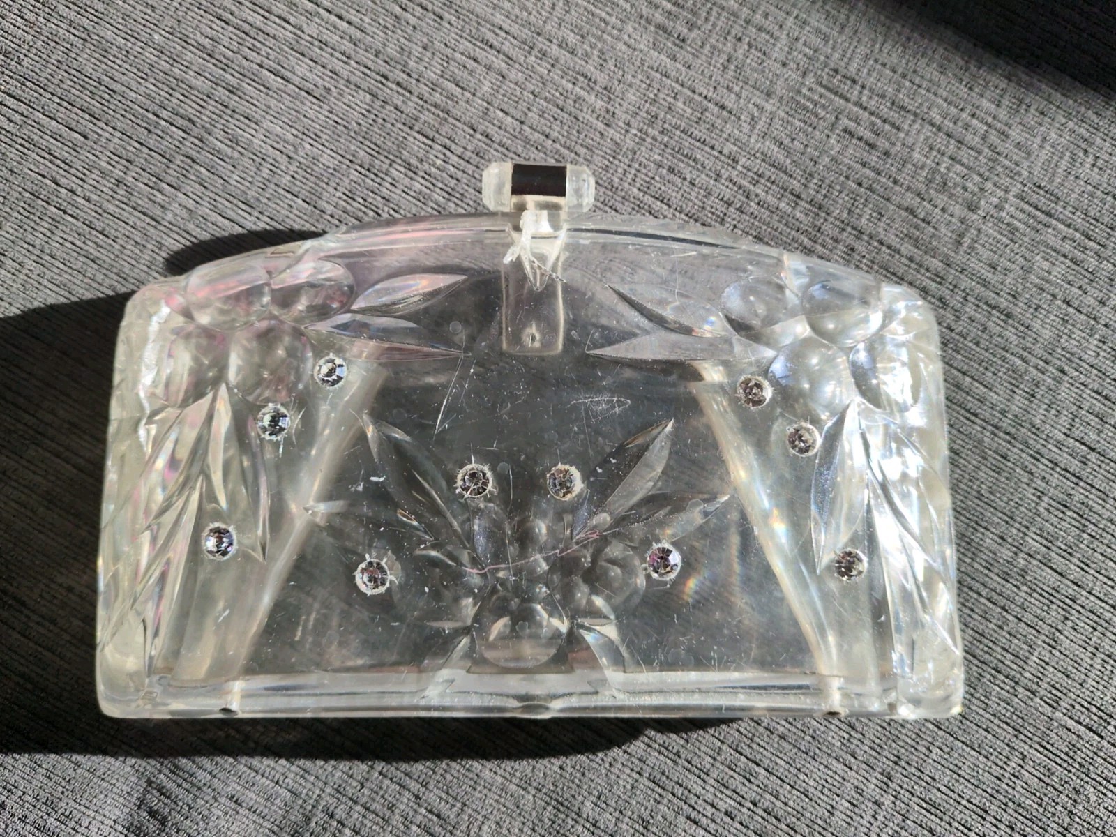 Vintage 1950s Clear Lucite Purse clamshell Handbag Clutch bag w Rhinestones