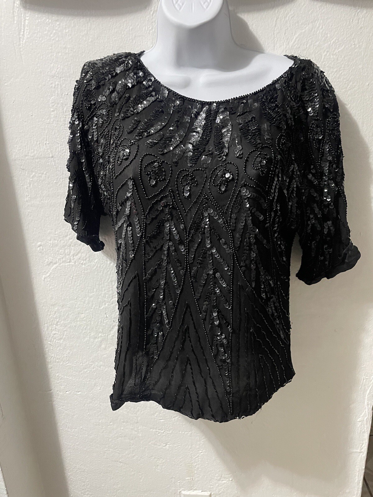 Creative Creations vintage top with beaded sequins 100% black silkSize M#4