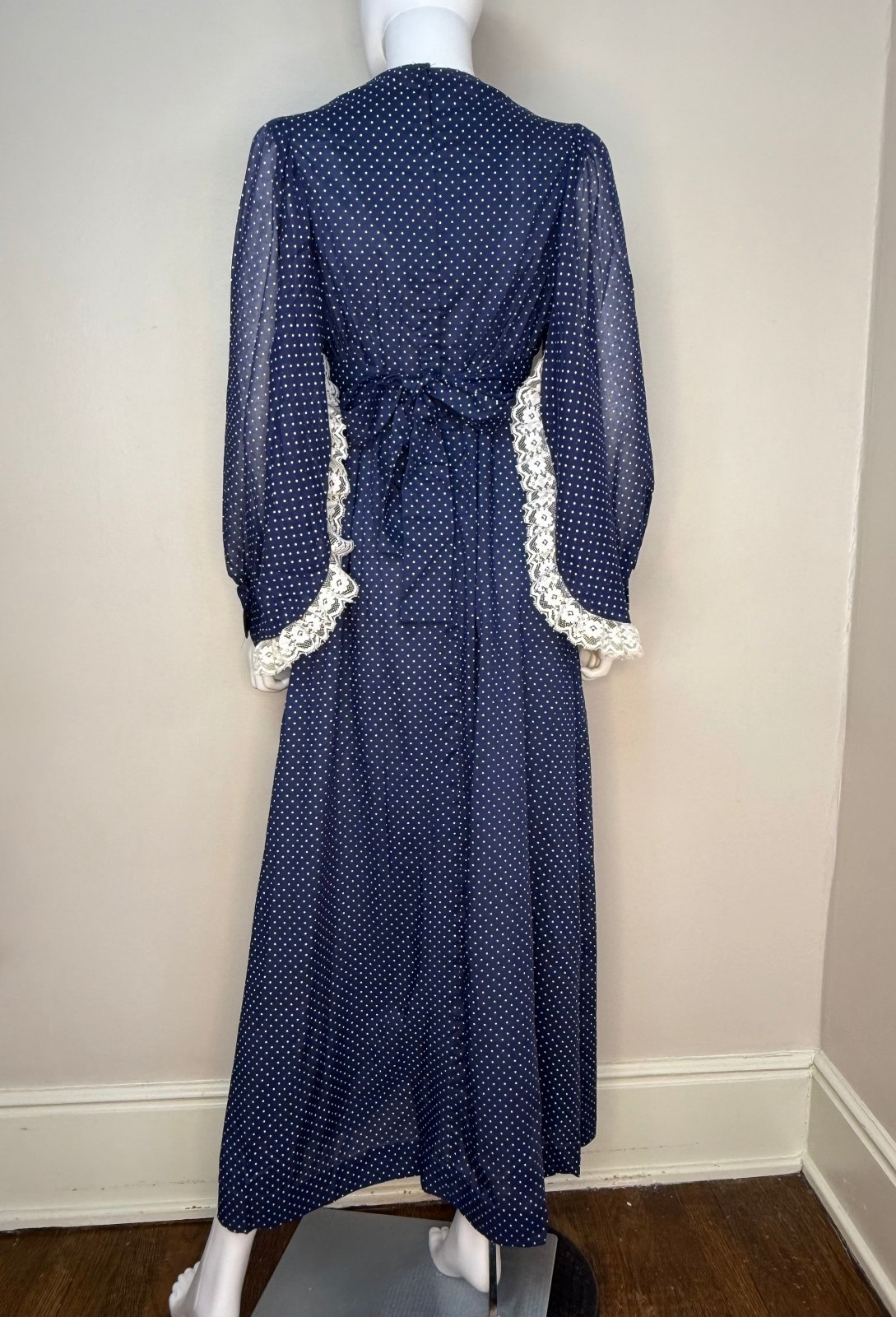 Vintage 1970s Navy Blue Polka Dot Maxi Dress 70s Huge Bishop Sleeves Lace Trim