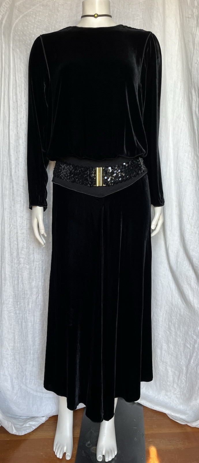 Vintage 70s Velvet Maxi Dress Black Drapey Blouson Boho Gothic Witchy 1970s Sml